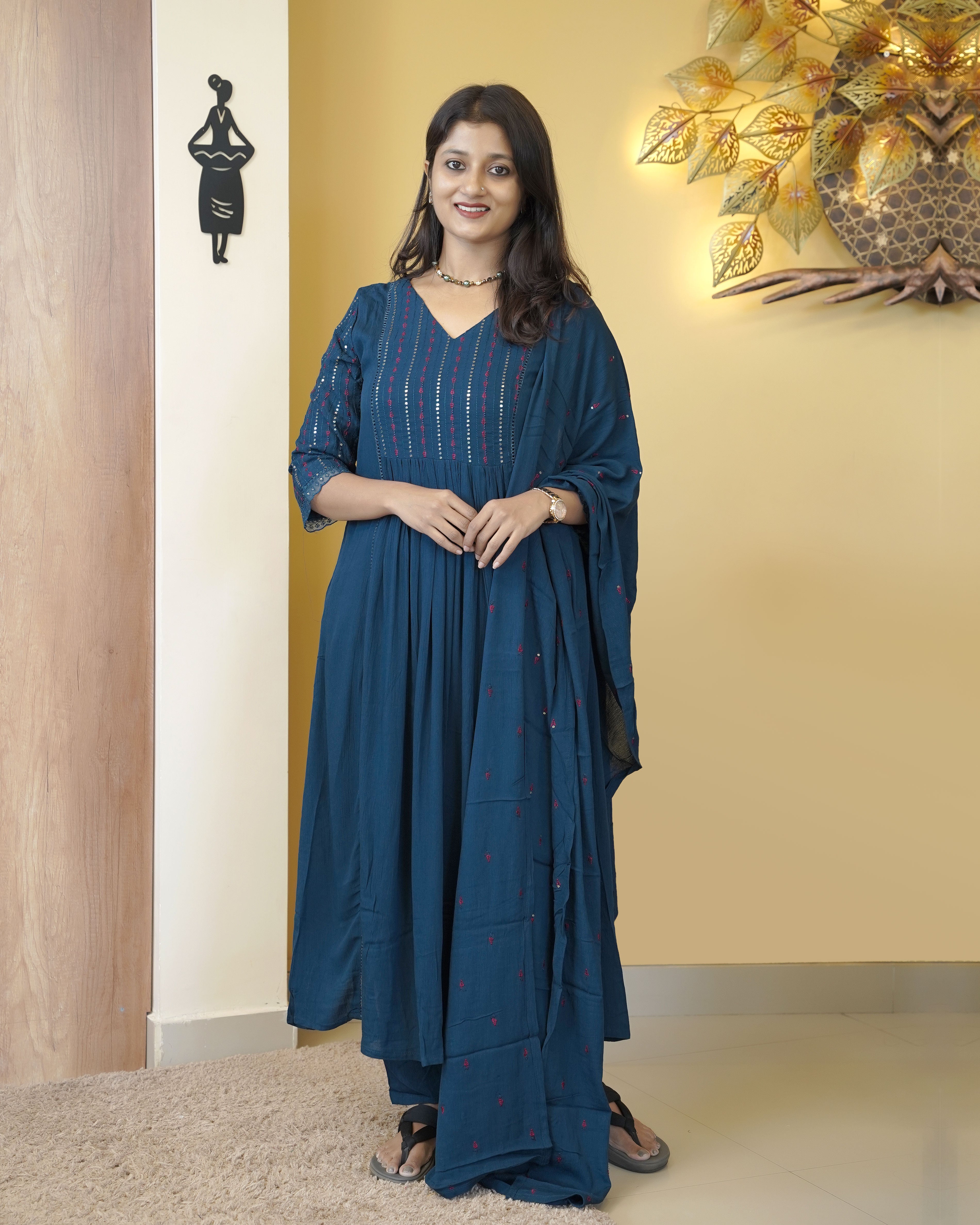 Load image into Gallery viewer, Crushed Cotton A-line Kurti Set-5261