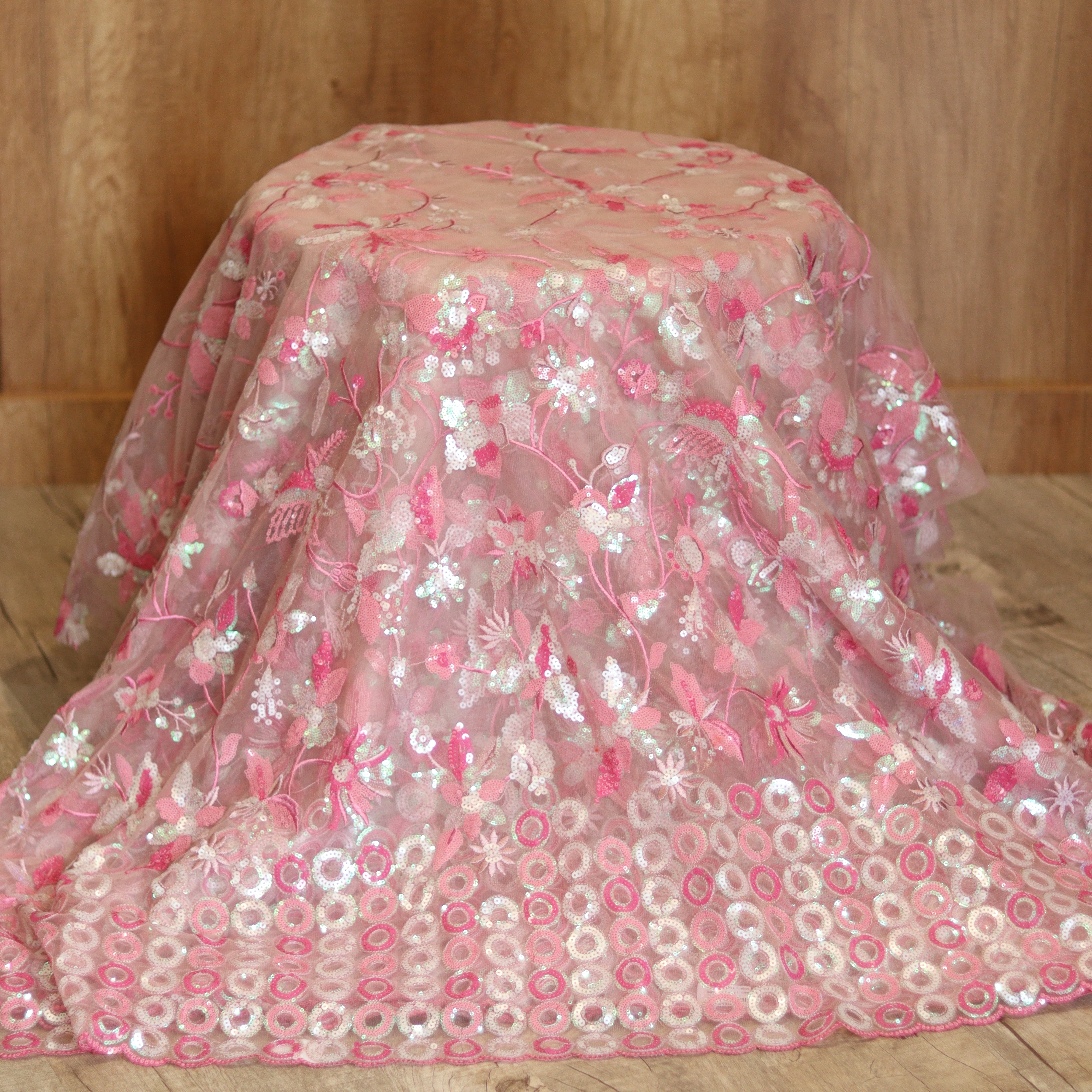 Load image into Gallery viewer, Baby Pink Net Embellished Fabric- 3043