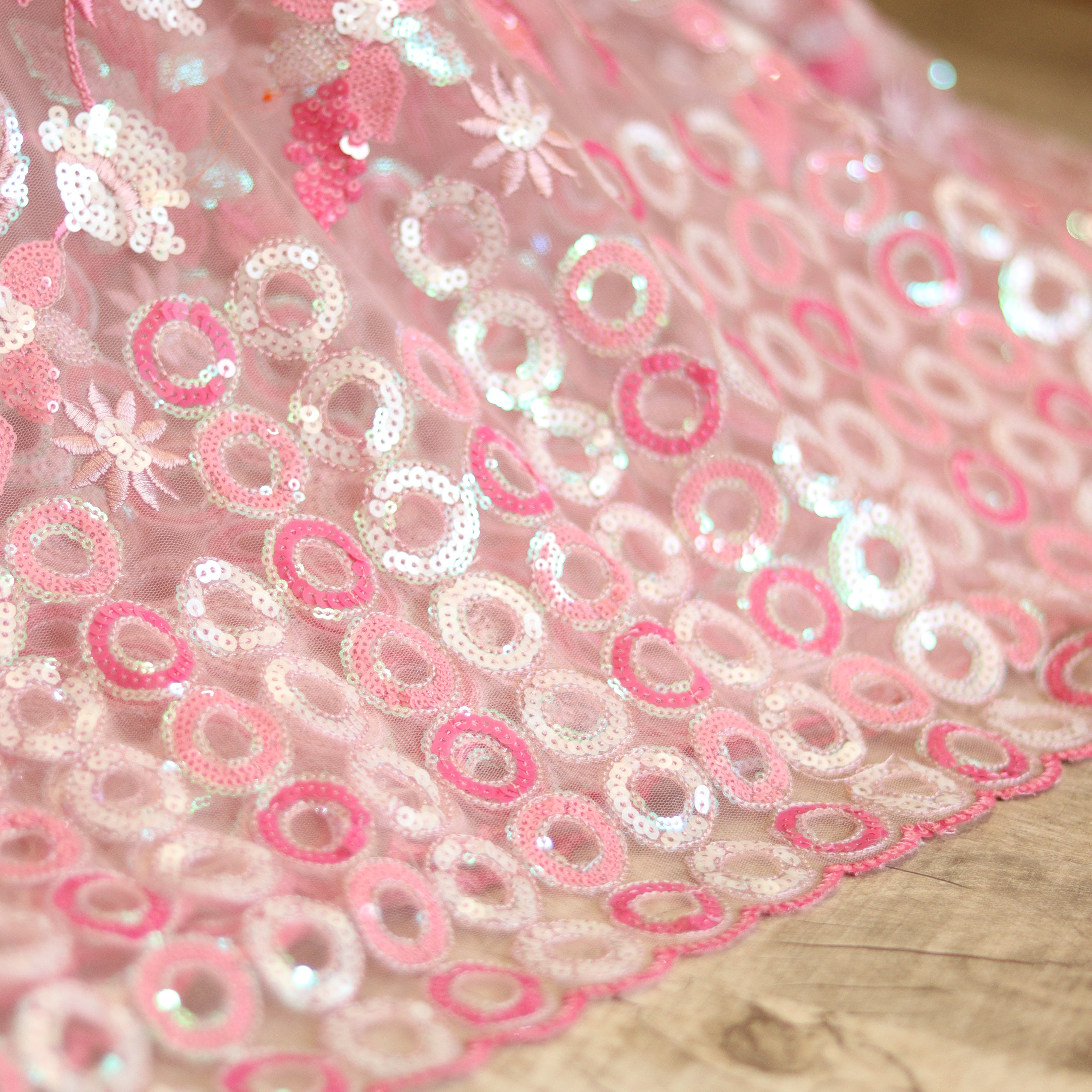 Load image into Gallery viewer, Baby Pink Net Embellished Fabric- 3043