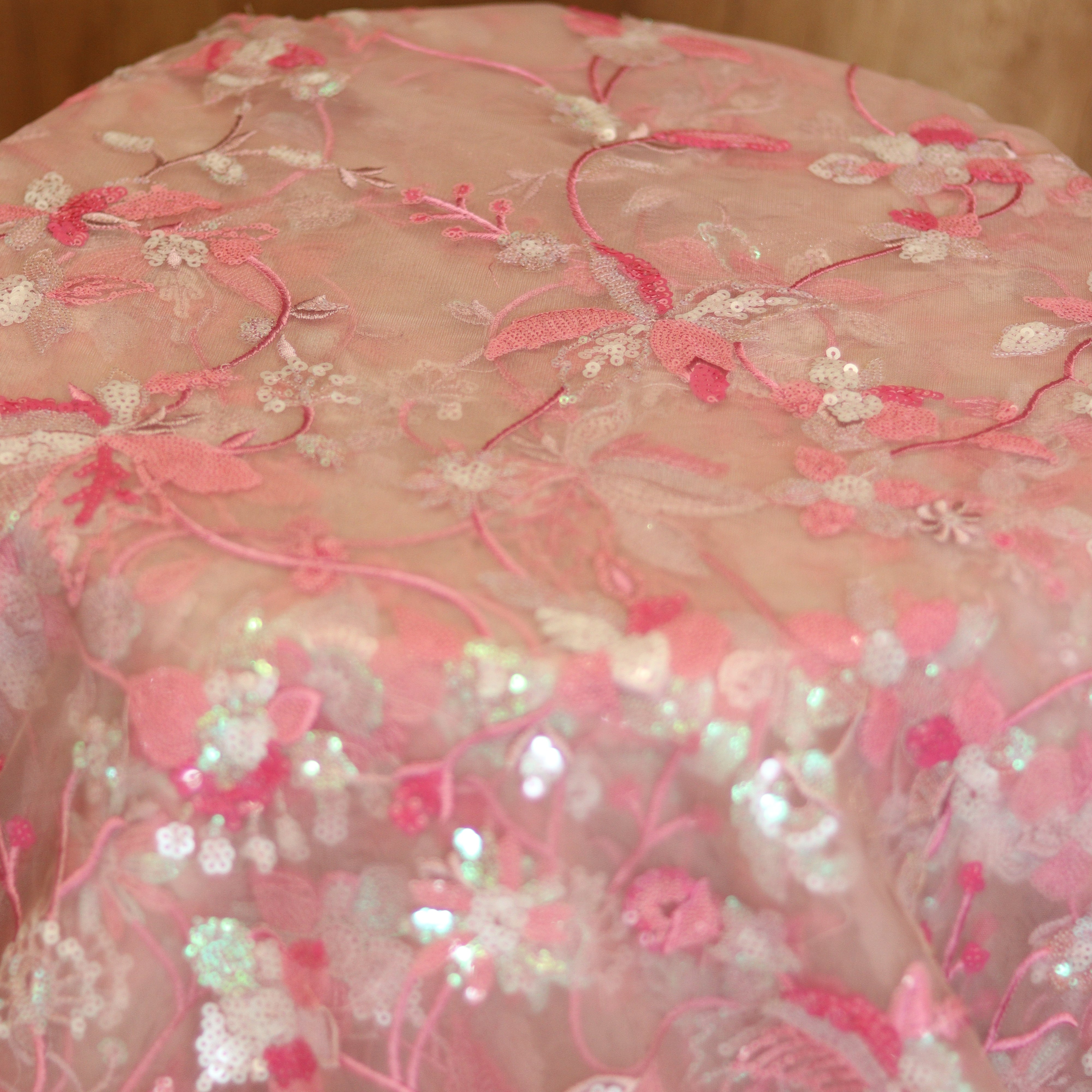 Load image into Gallery viewer, Baby Pink Net Embellished Fabric- 3043