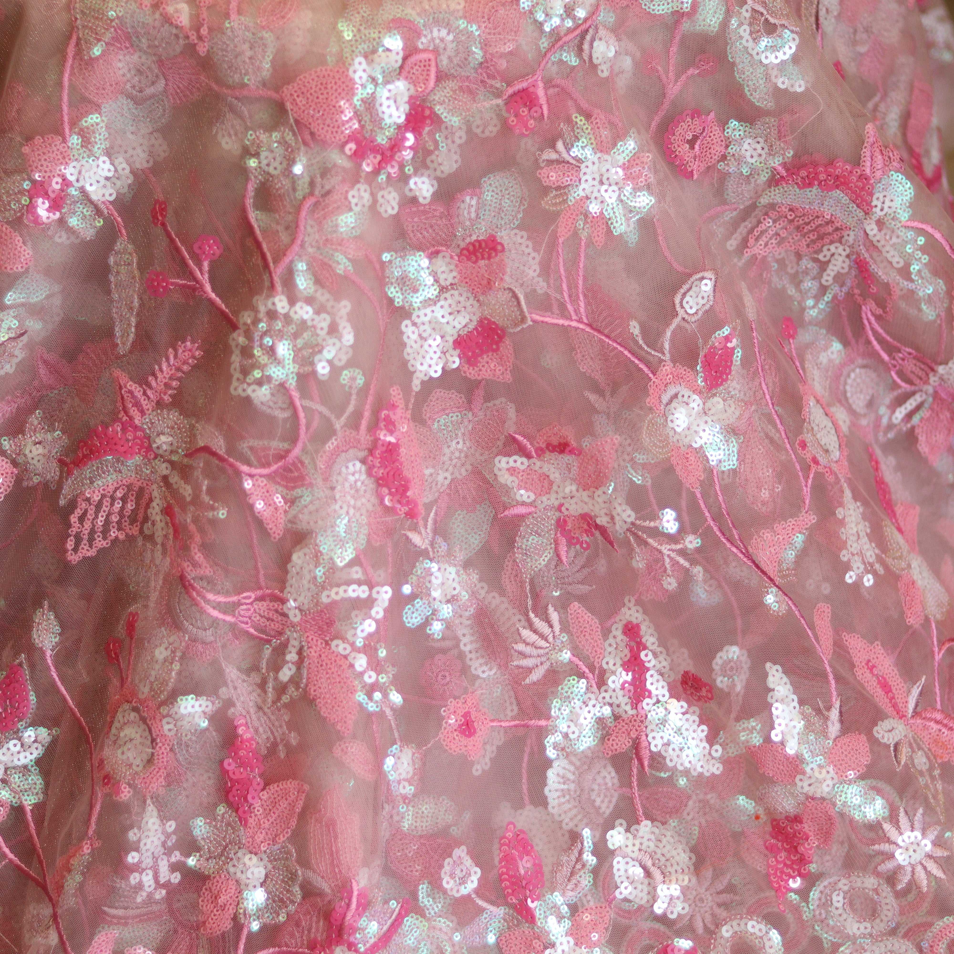 Load image into Gallery viewer, Baby Pink Net Embellished Fabric- 3043