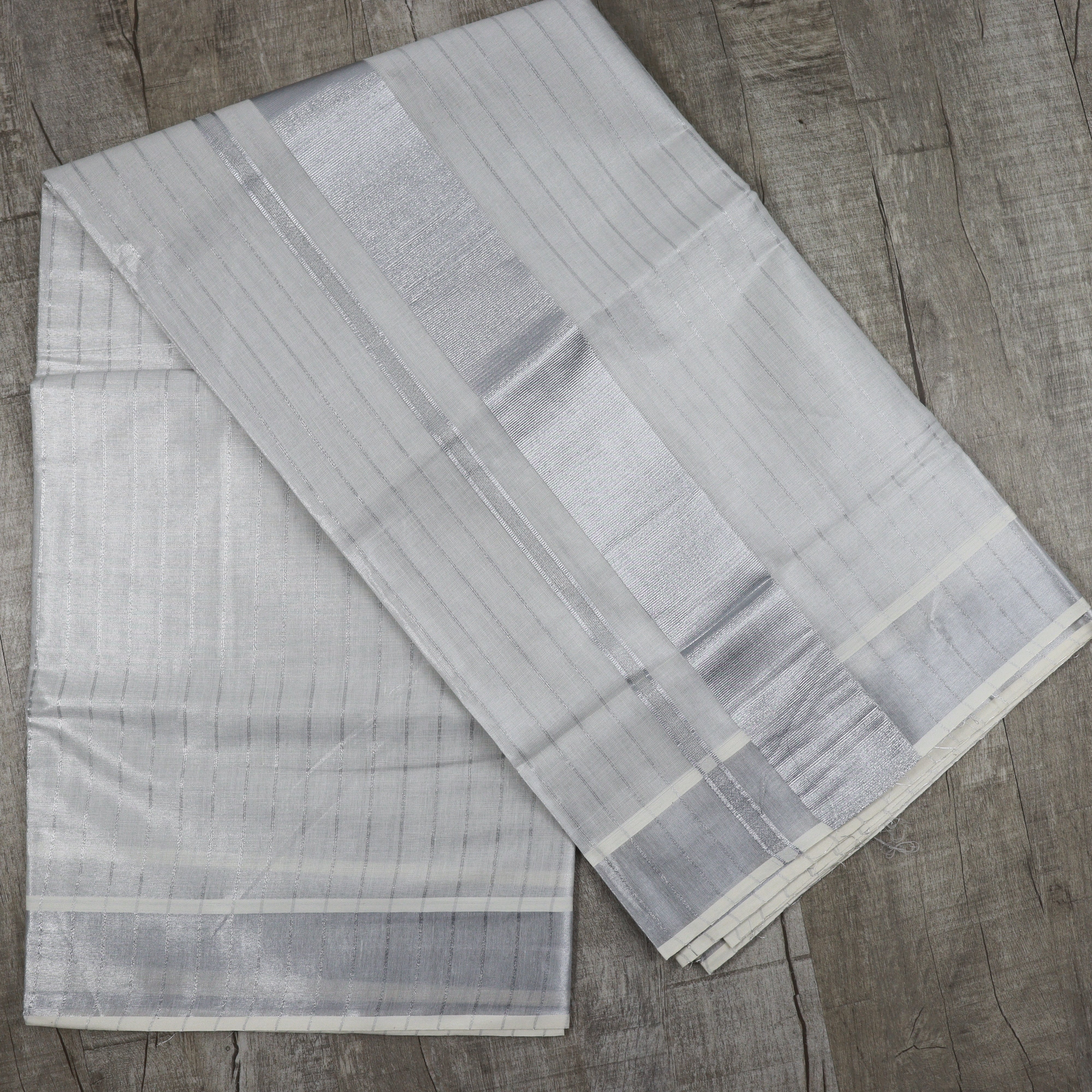 Load image into Gallery viewer, Silver Striped Kerala Saree - 3764