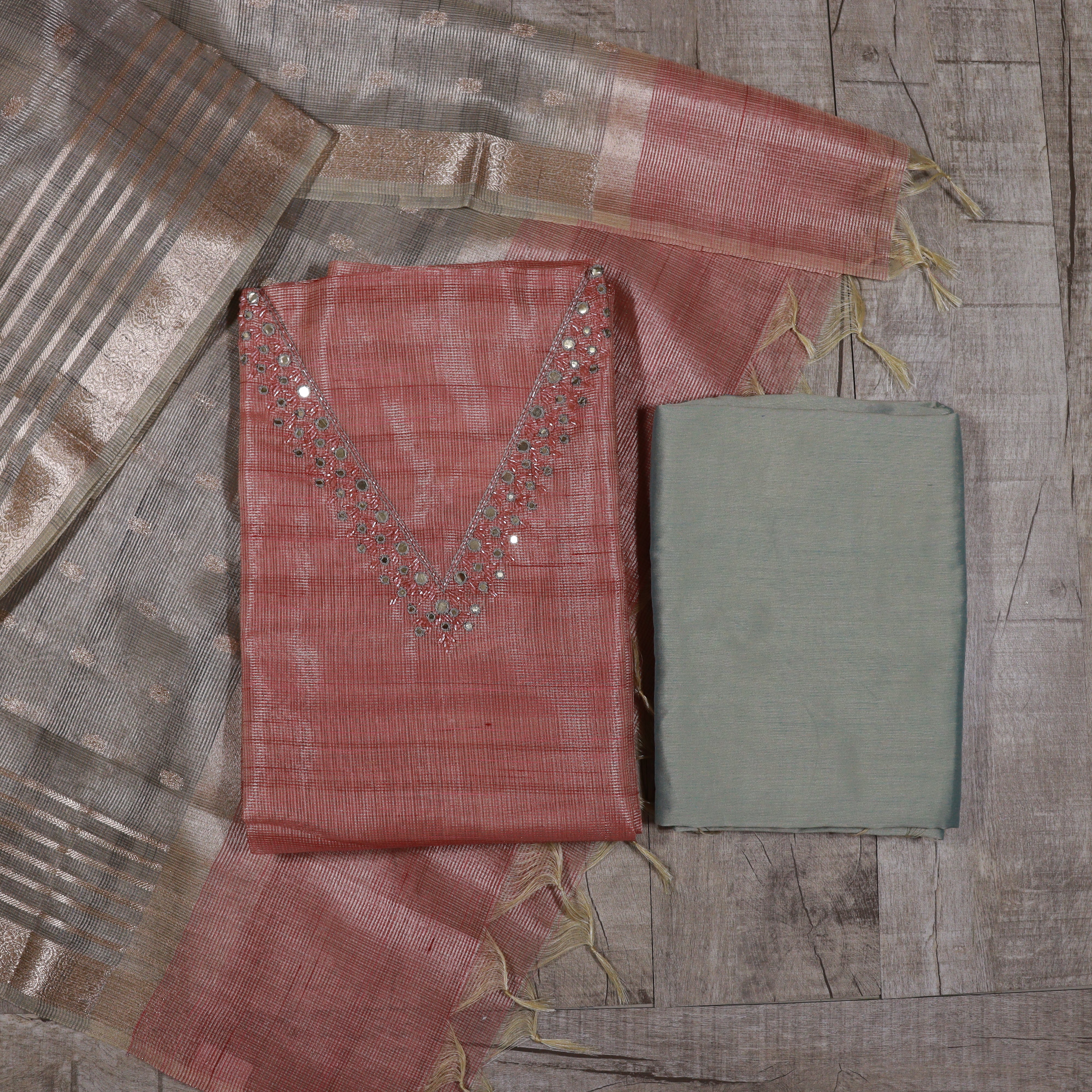 Load image into Gallery viewer, Tissue kotta silk unstitched suit -3990