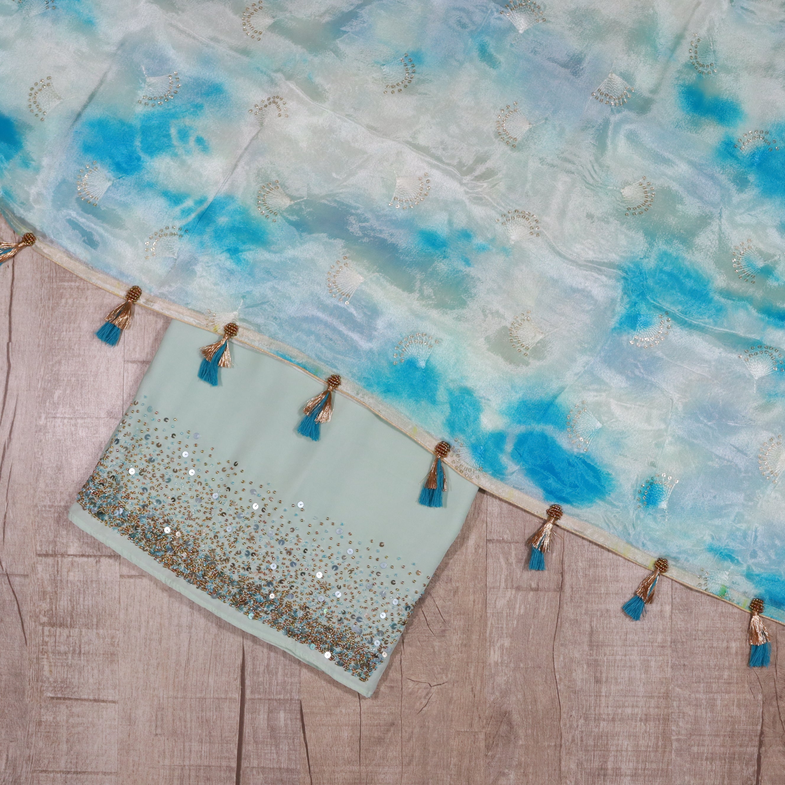 Load image into Gallery viewer, Light Blue And Ocean Blue Chinnon Saree-3329