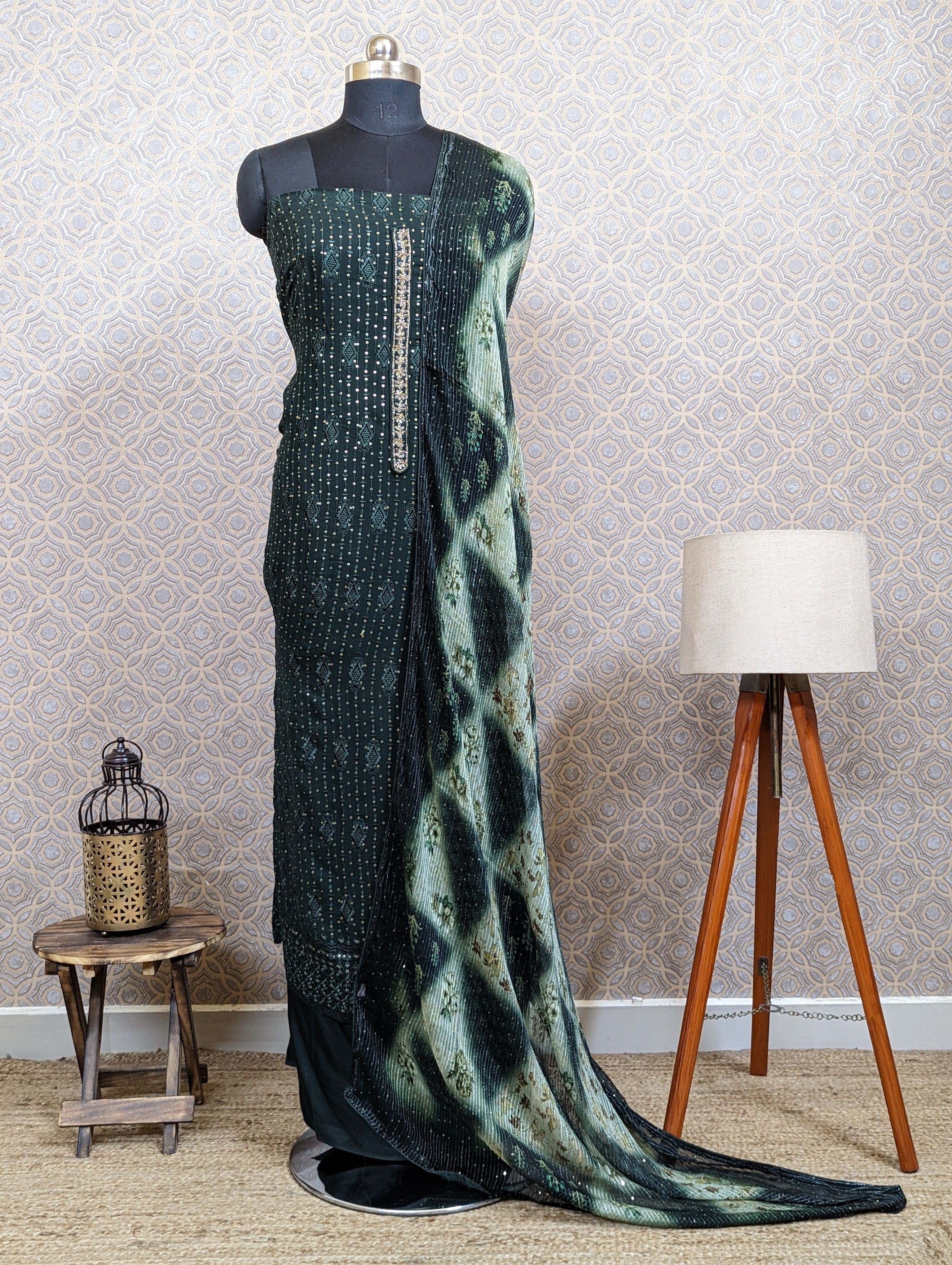 Load image into Gallery viewer, Georgette Unstitched Suits. Bottle green color. 2301.