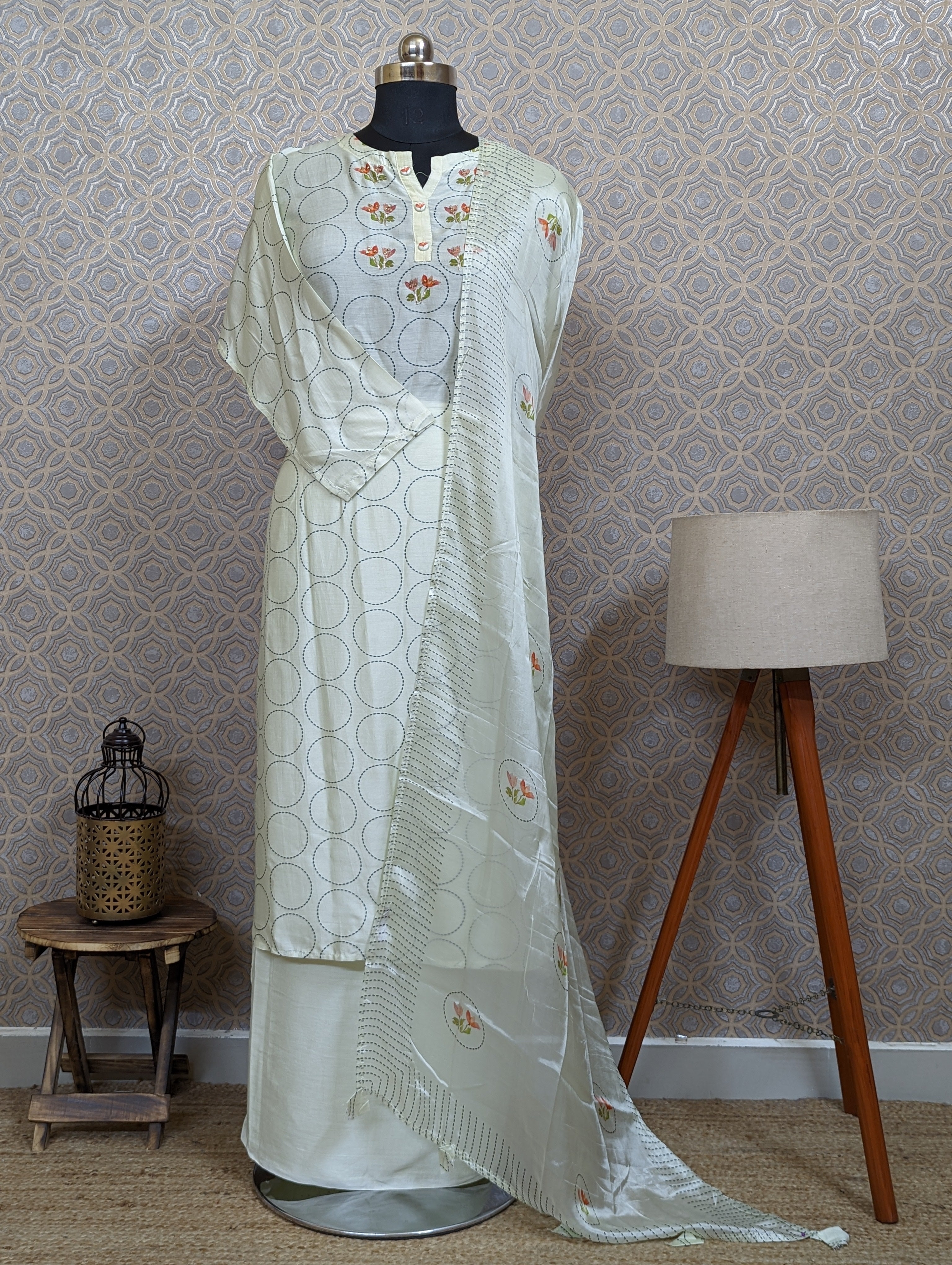 Load image into Gallery viewer, Cream Muslin Silk Semi-Stitched Suits- 1709