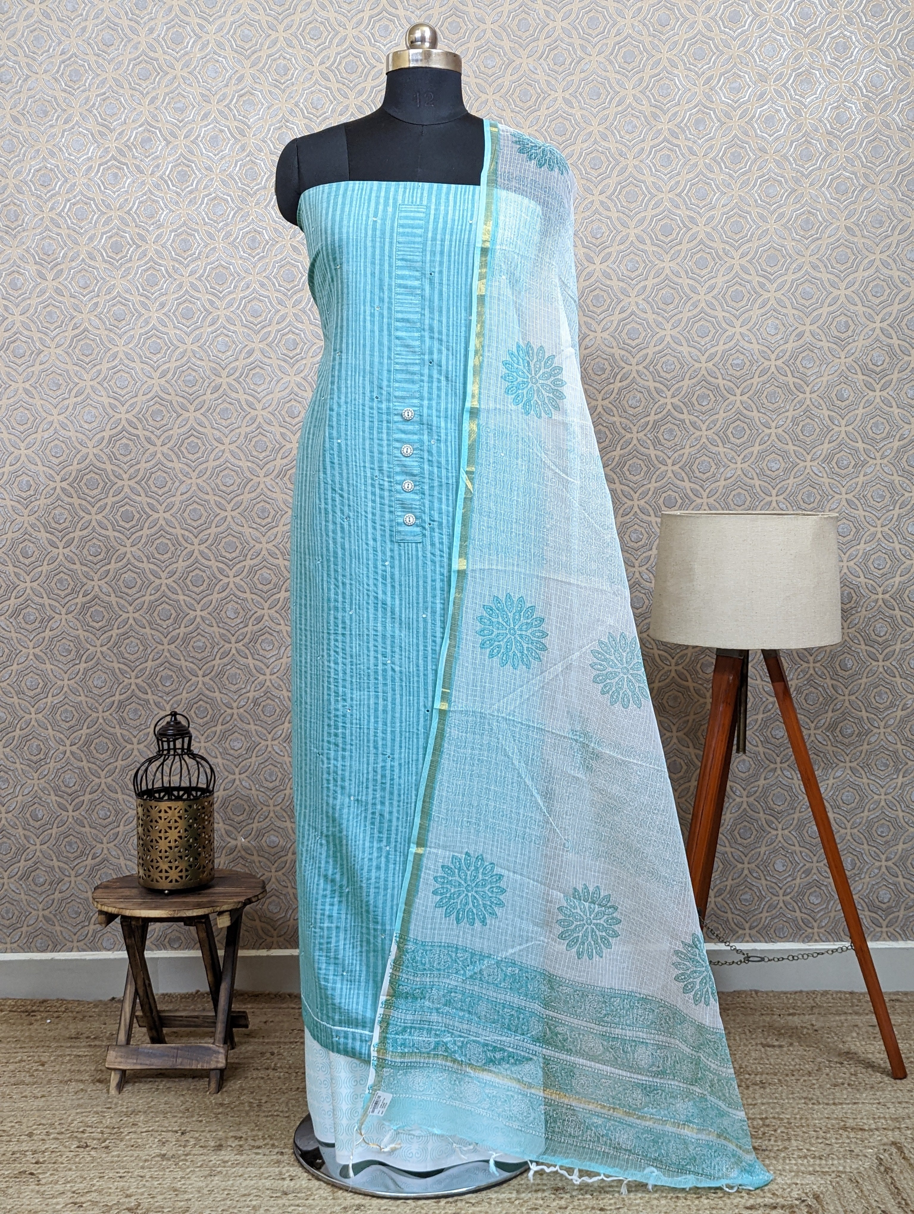Load image into Gallery viewer, Teal Green Pure Cotton Unstitched Suits - 2345