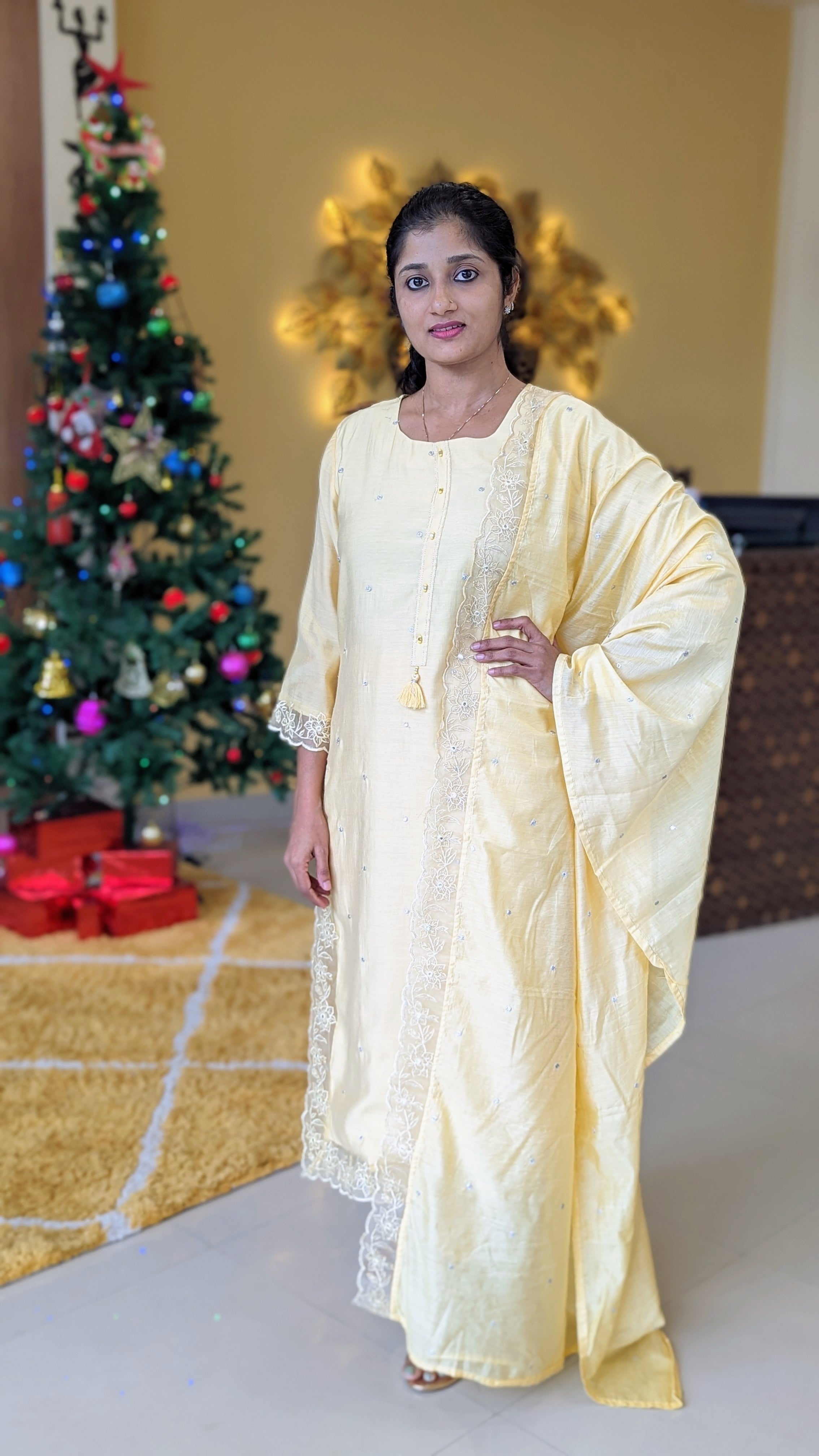 Load image into Gallery viewer, Pastel Yellow Chanderi Silk Kurti Set - 2537