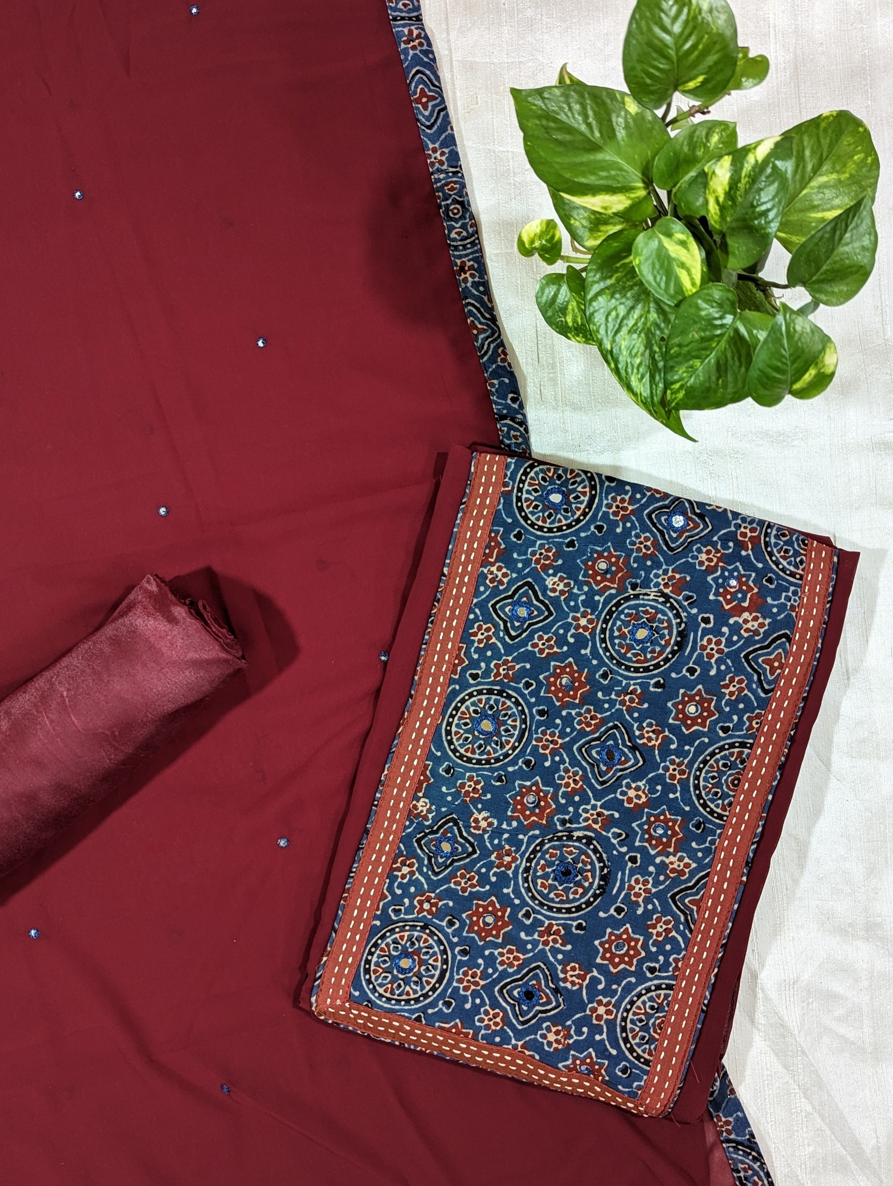 Load image into Gallery viewer, Maroon And Indigo Faux Georgette Unstitched Suits - 2929