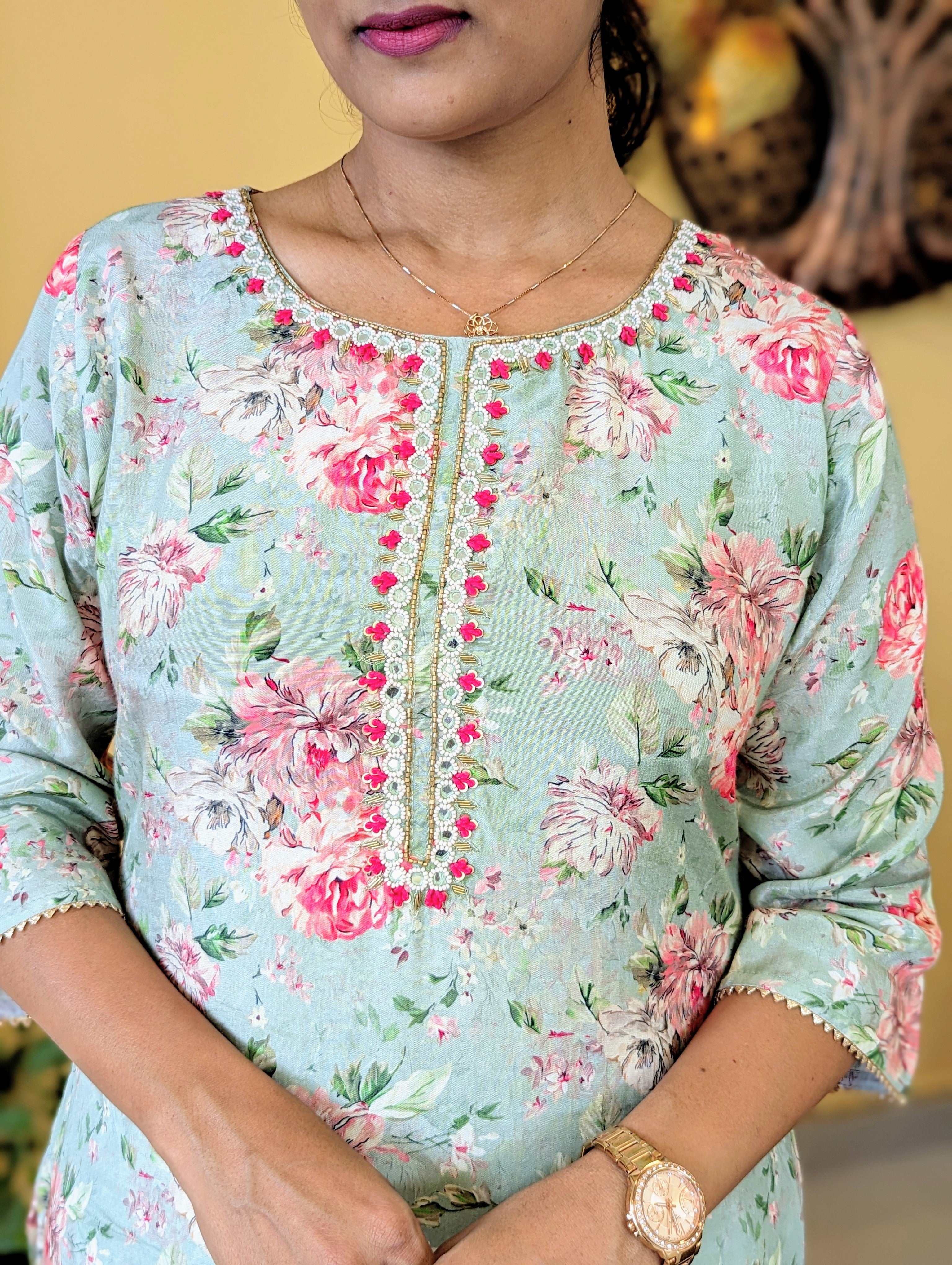 Load image into Gallery viewer, Pista Green Pure Muslin Silk Kurti Set-3068