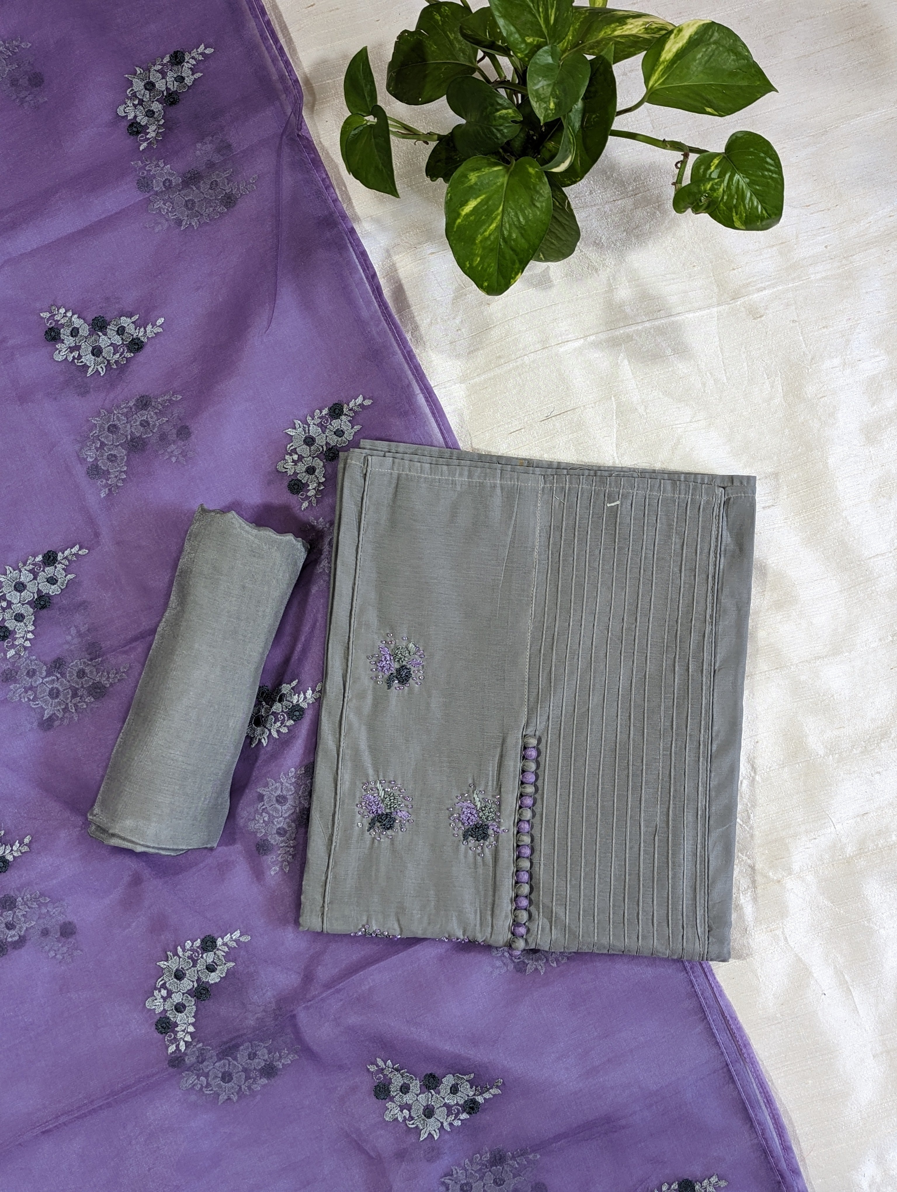 Load image into Gallery viewer, Grey And Lavender Semi Silk Unstitched Suit-3098
