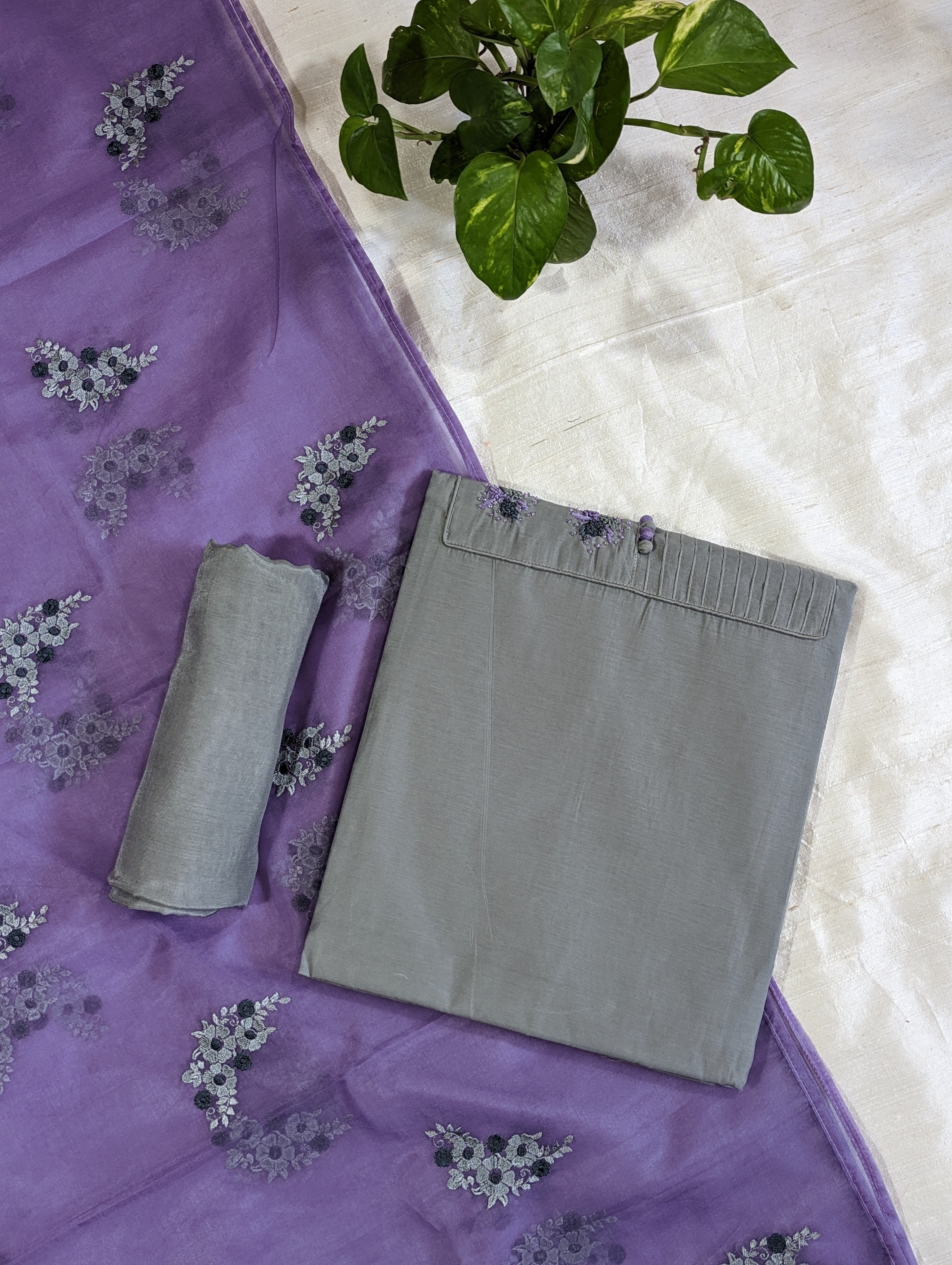 Load image into Gallery viewer, Grey And Lavender Semi Silk Unstitched Suit-3098