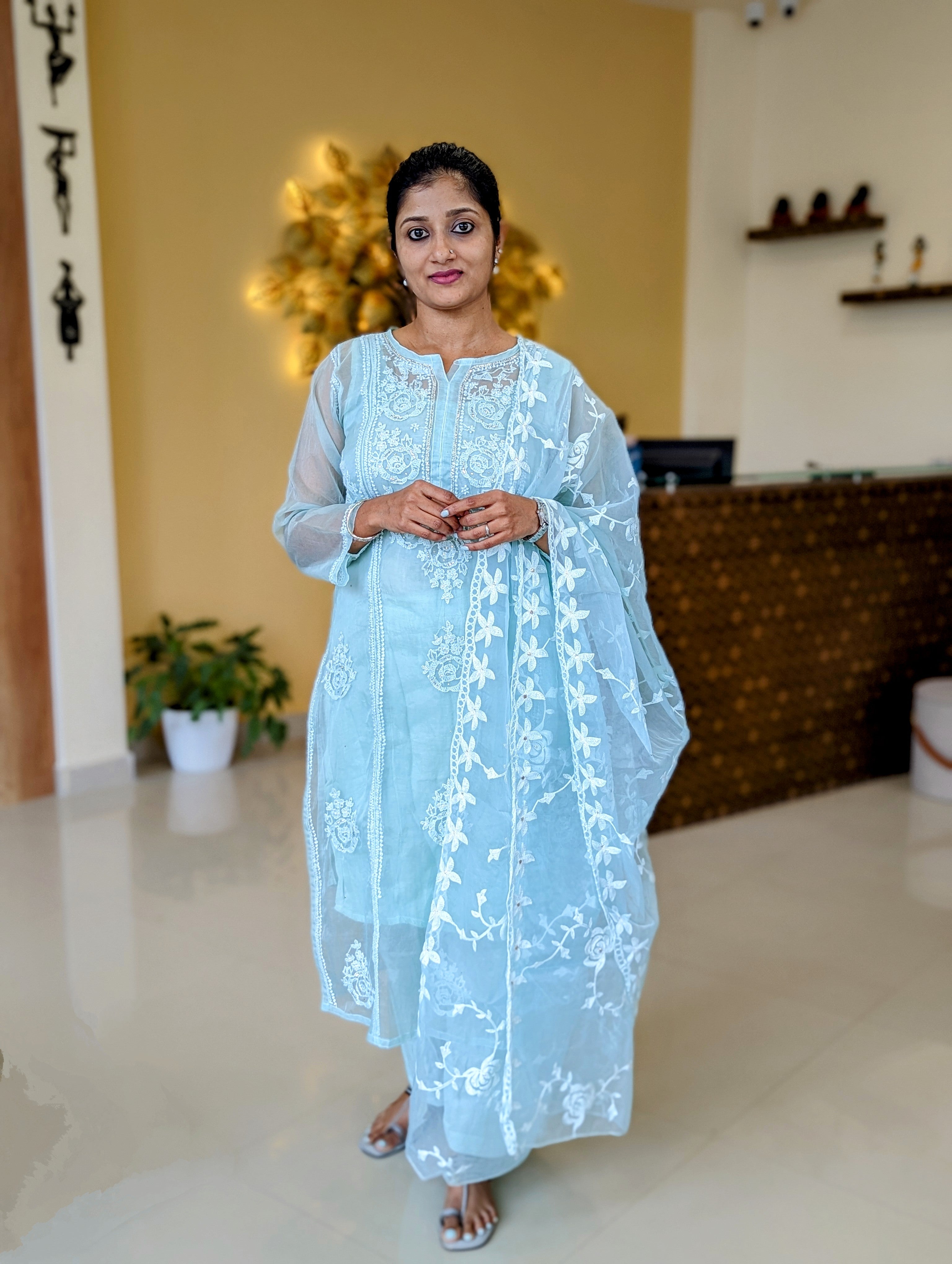 Load image into Gallery viewer, Mint Green Pure Viscose Organza Stitched Kurti-3217