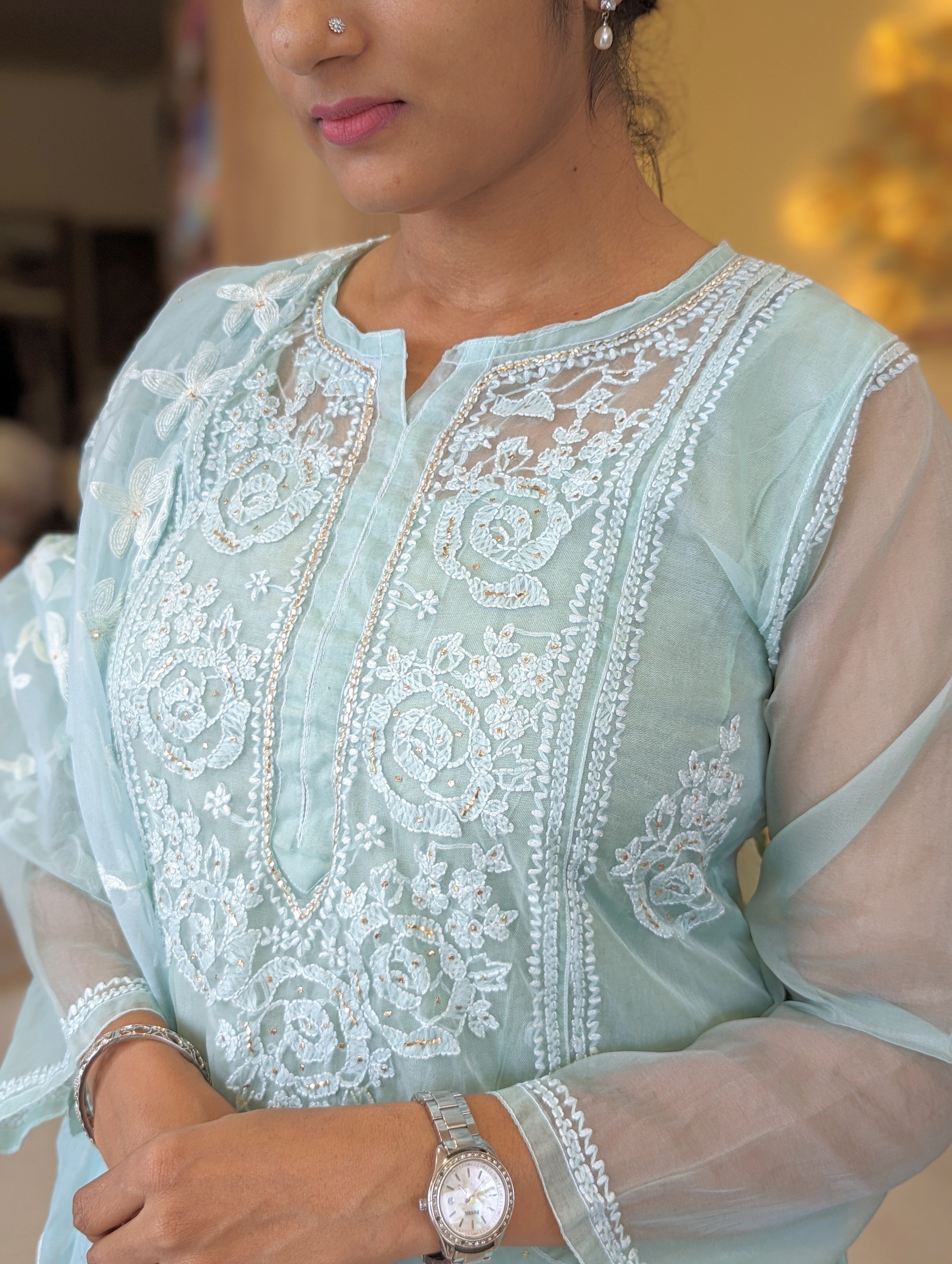 Load image into Gallery viewer, Mint Green Pure Viscose Organza Stitched Kurti-3217