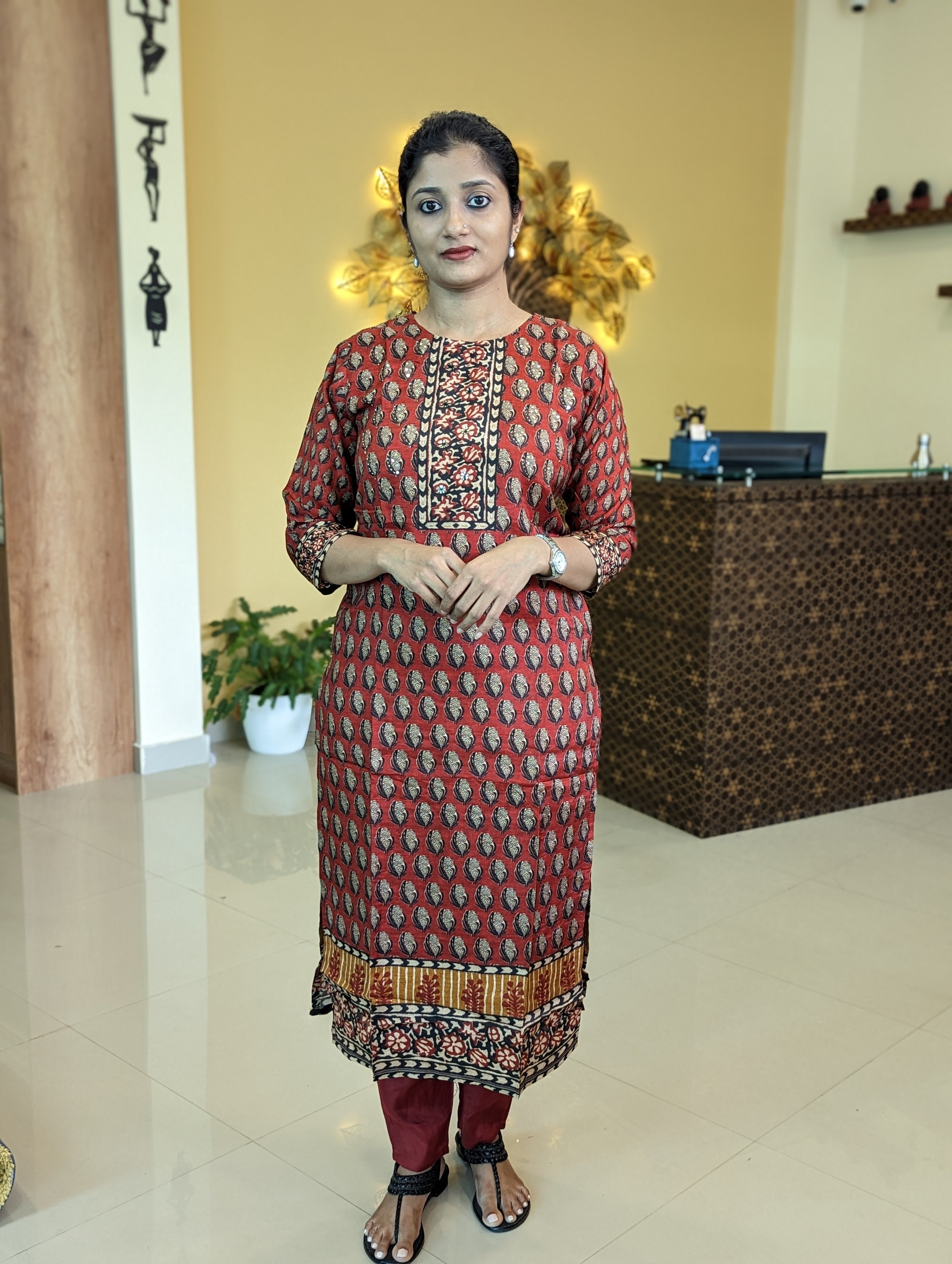Load image into Gallery viewer, Deep Brick Red Muslin Silk Kurti Set-3322