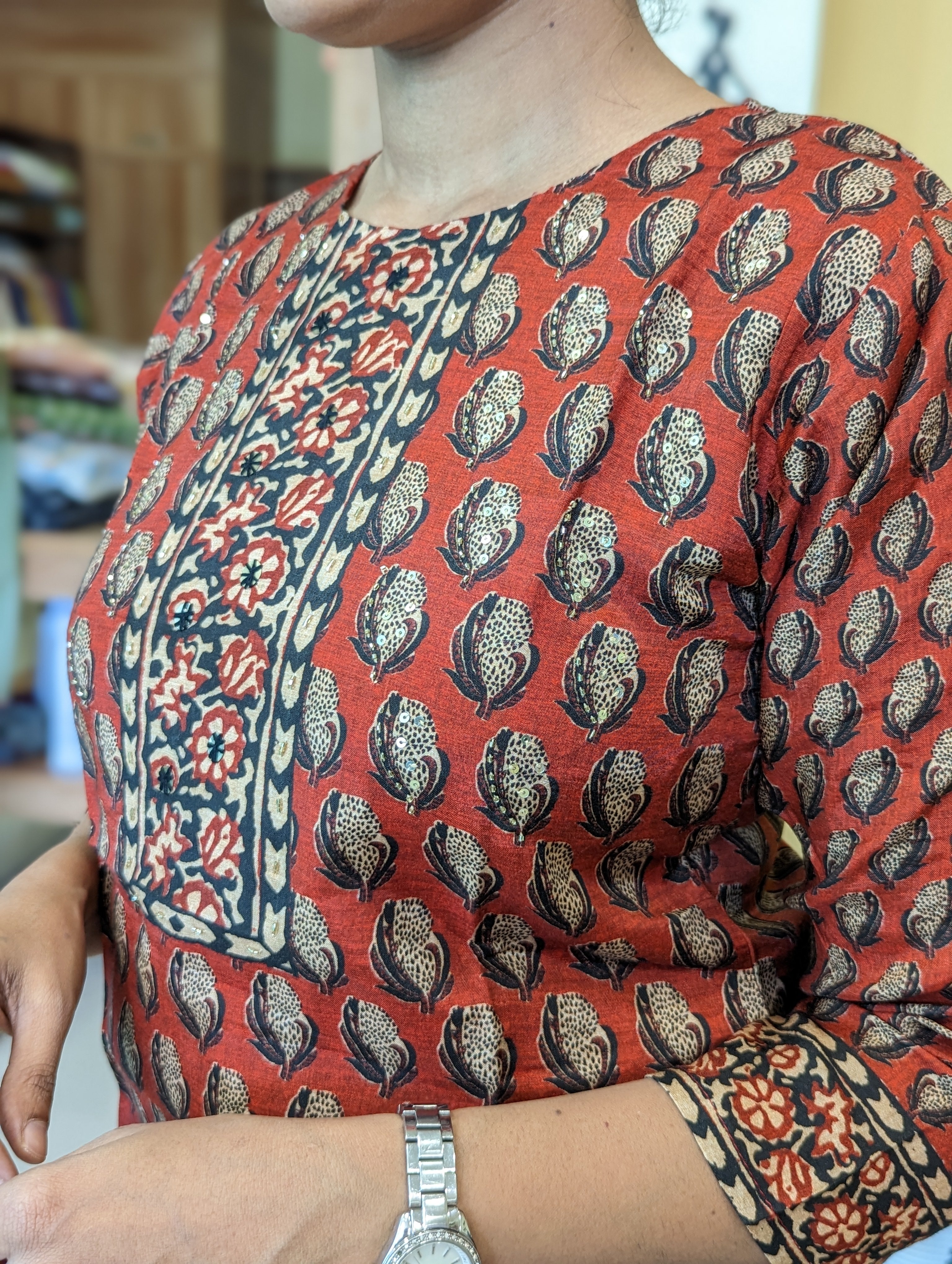 Load image into Gallery viewer, Deep Brick Red Muslin Silk Kurti Set-3322