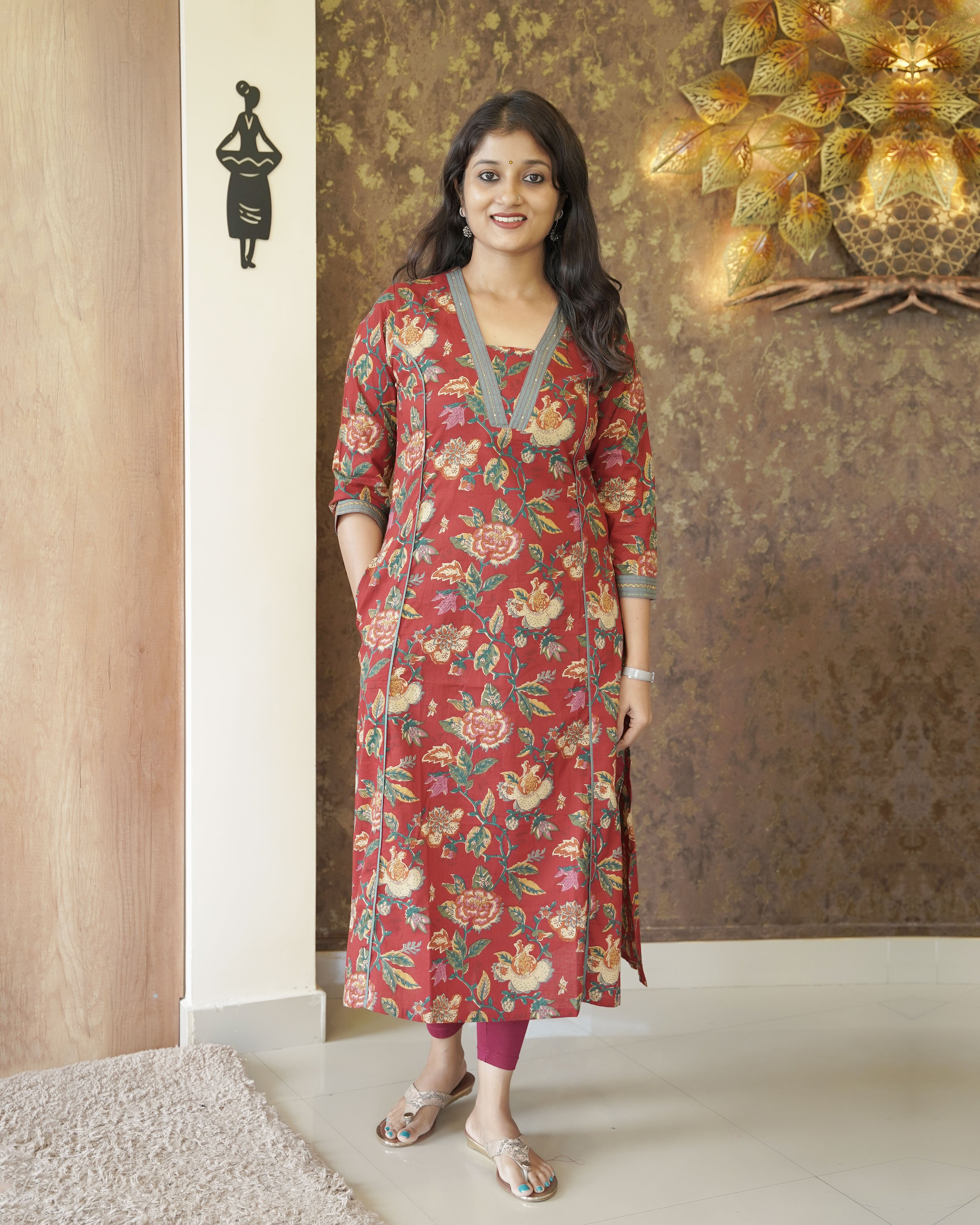 Load image into Gallery viewer, Printed Cotton A-Line Slitted Kurti-0329
