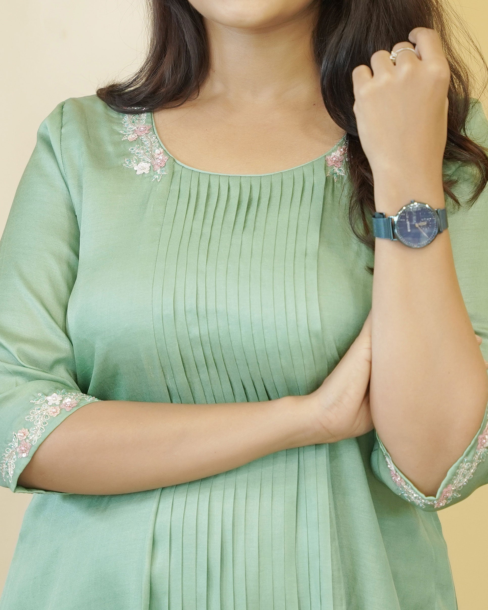 Load image into Gallery viewer, Semi Tusser Designer A-Line kurti(Pre-Order)-5084
