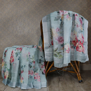 Linen Floral Print Saree  ( pre order)