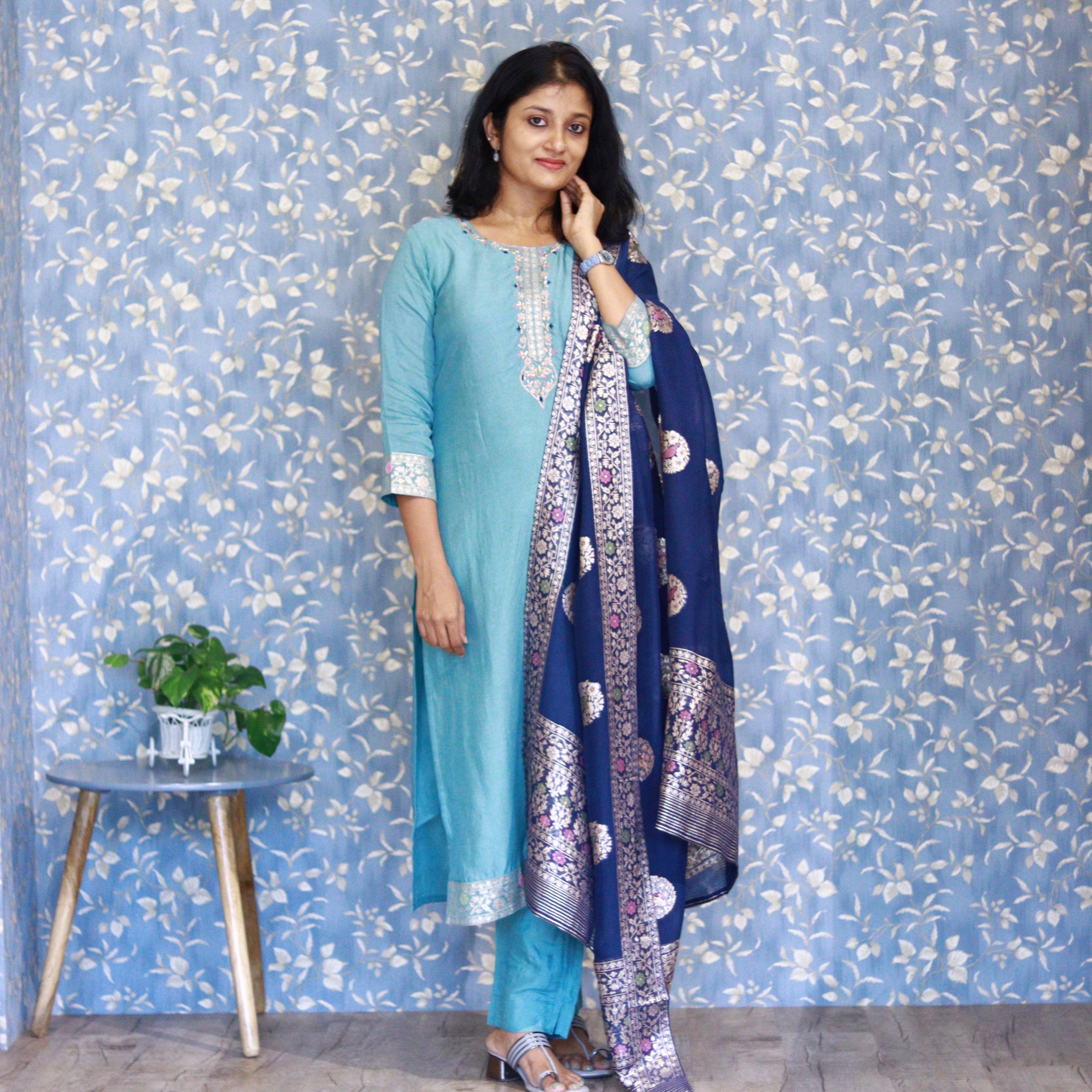 Load image into Gallery viewer, Turquoise Muslin Silk Suit- 3478
