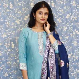 Turquoise Muslin Silk Suit- 3478