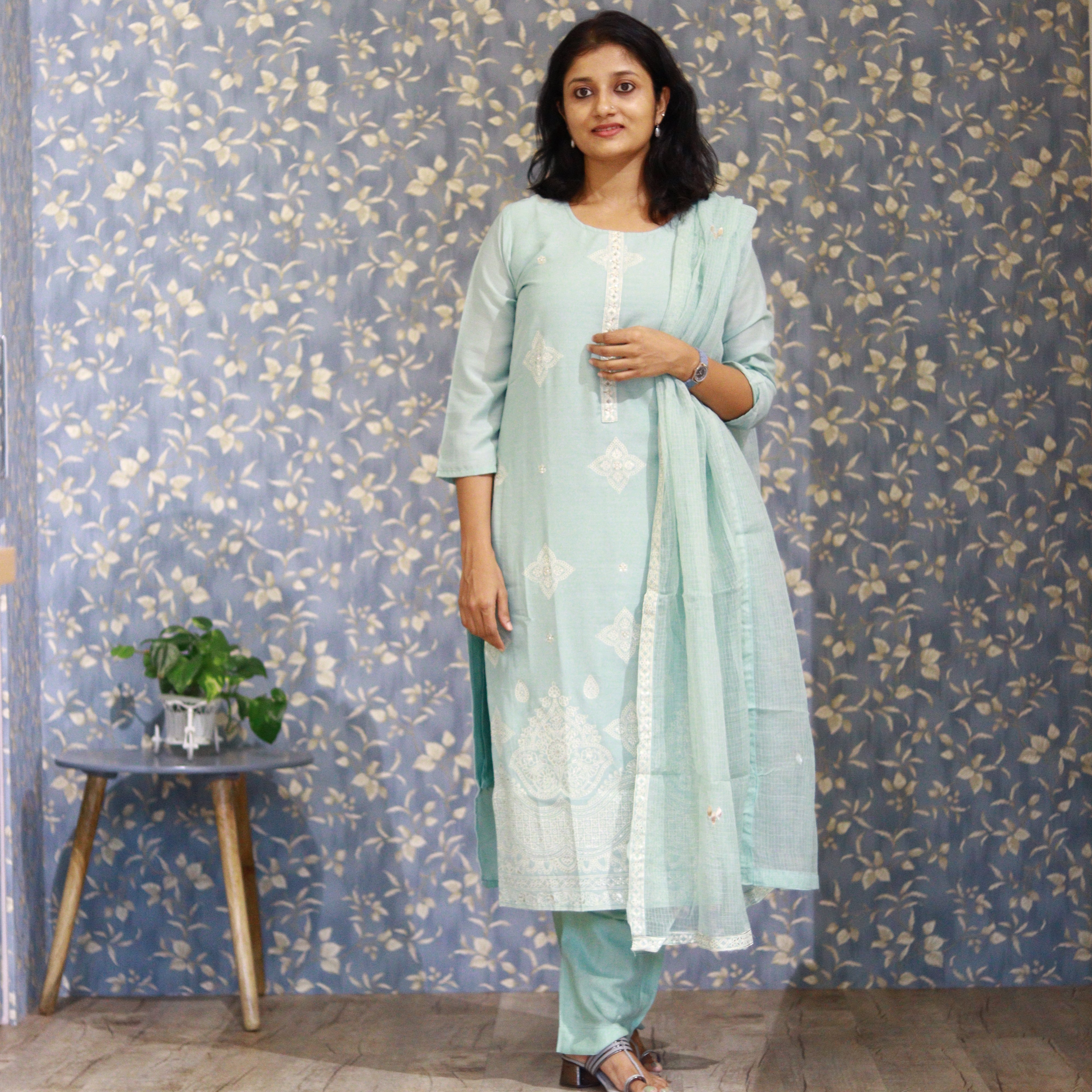 Load image into Gallery viewer, Pale Mint Green Semi Silk Suit-3473
