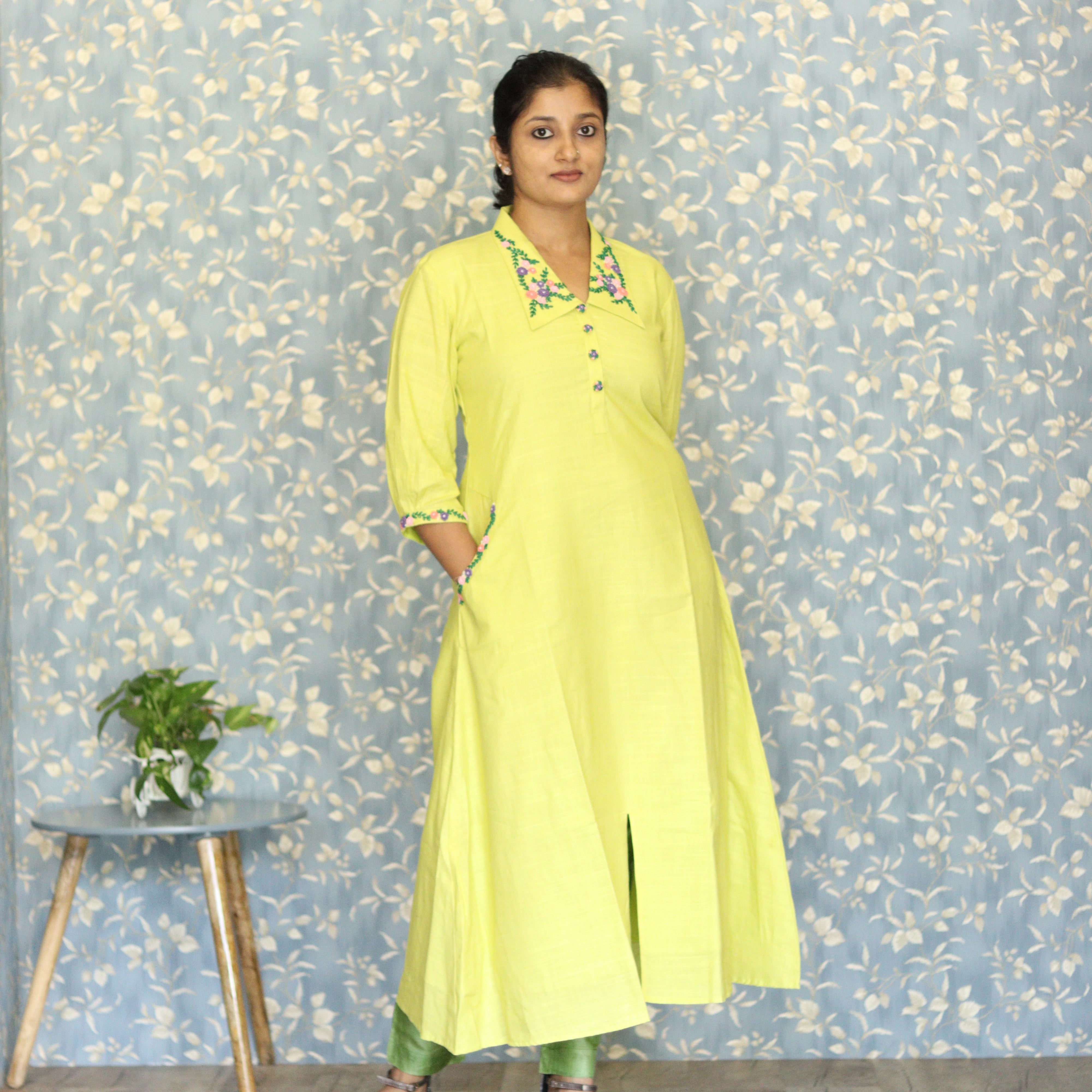 Load image into Gallery viewer, Lemon Yellow Pure Cotton Designer A-line Kurti (pre-order)-3505

