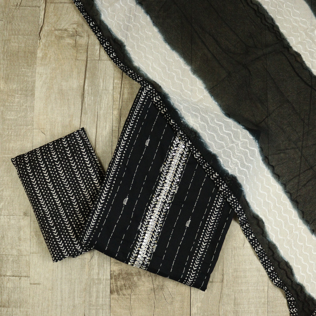 Jet Black Pure Cotton Unstitched Suit-3036