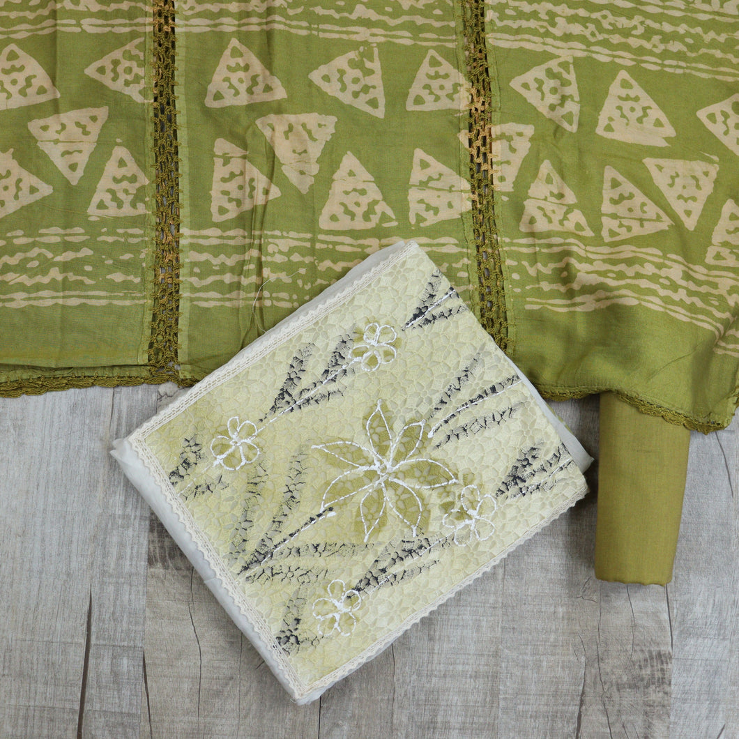 Off White And Mehndi Green Chanderi Silk Unstitched Suit-3500