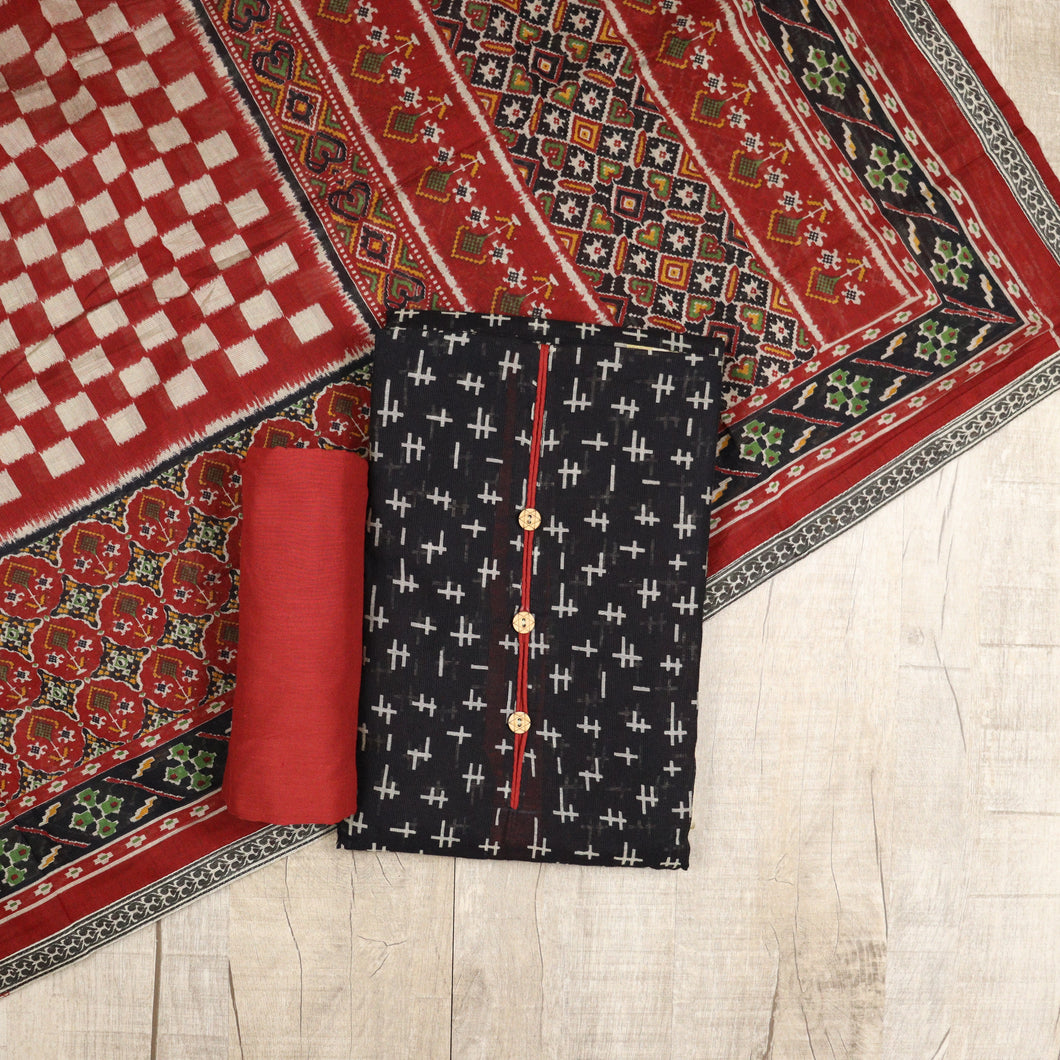Jet Black Semi Chanderi Silk Unstitched Suit-3496