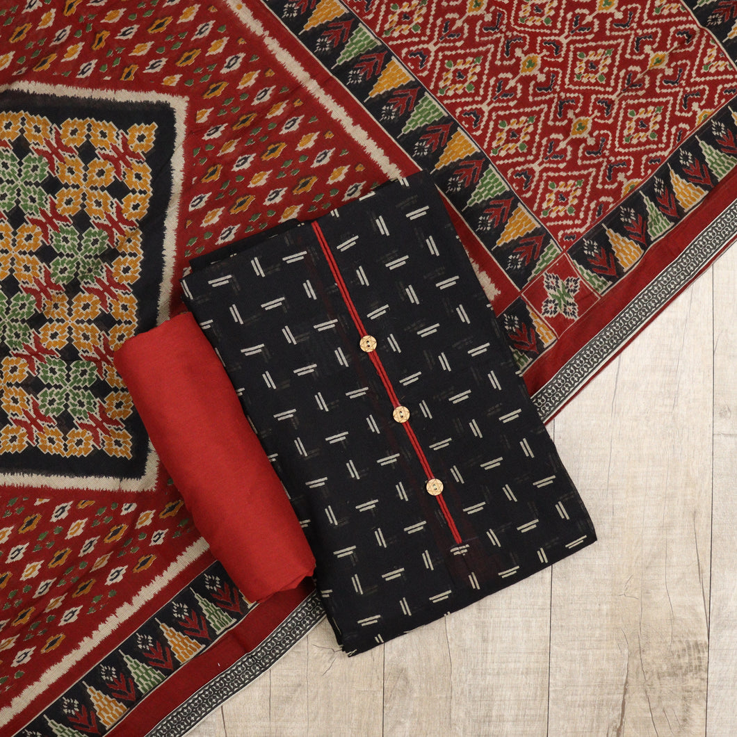 Jet Black And Maroon Semi Chanderi Silk Unstitched Suit-3496