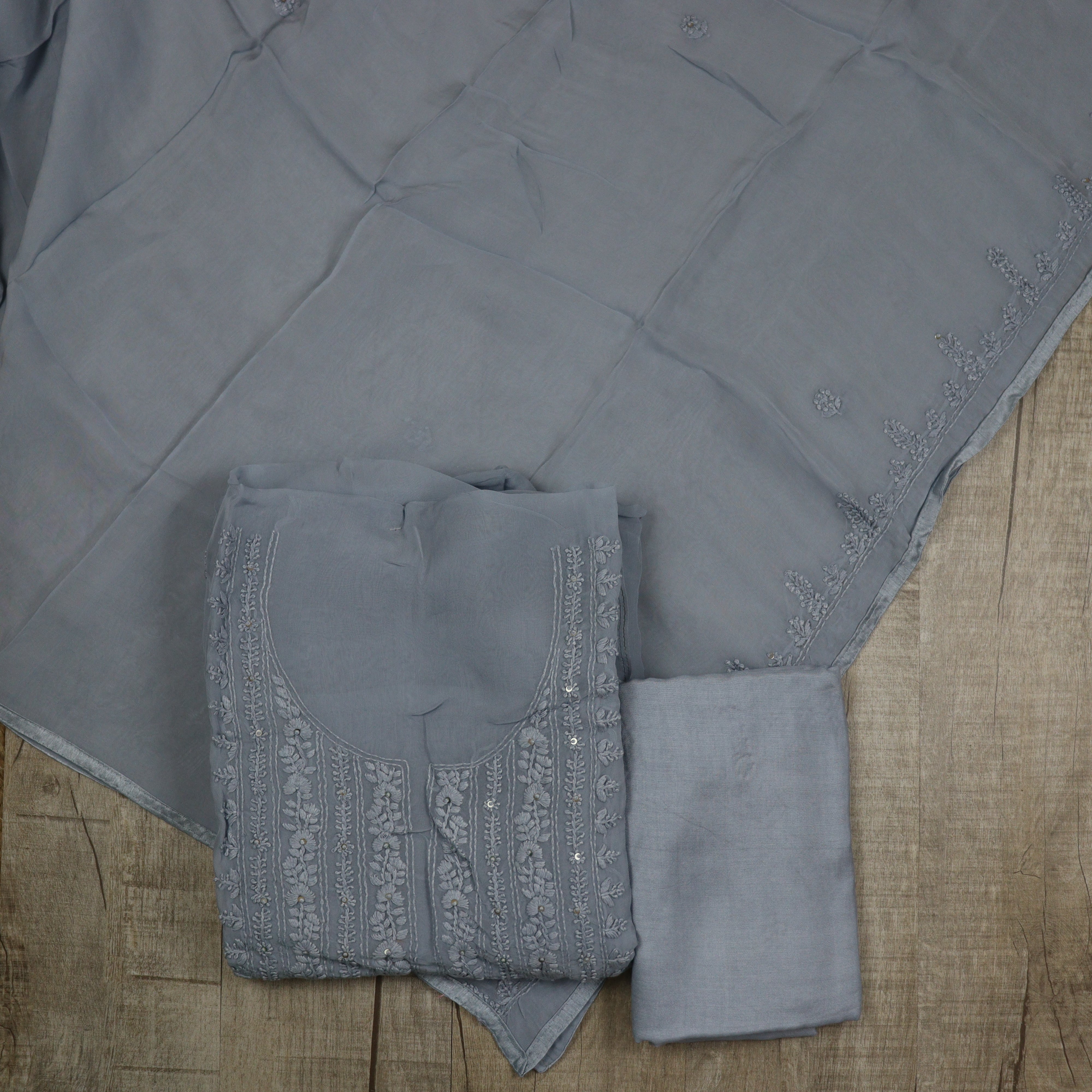 Load image into Gallery viewer, Bluish Grey Pure viscose Organza Suit-3497
