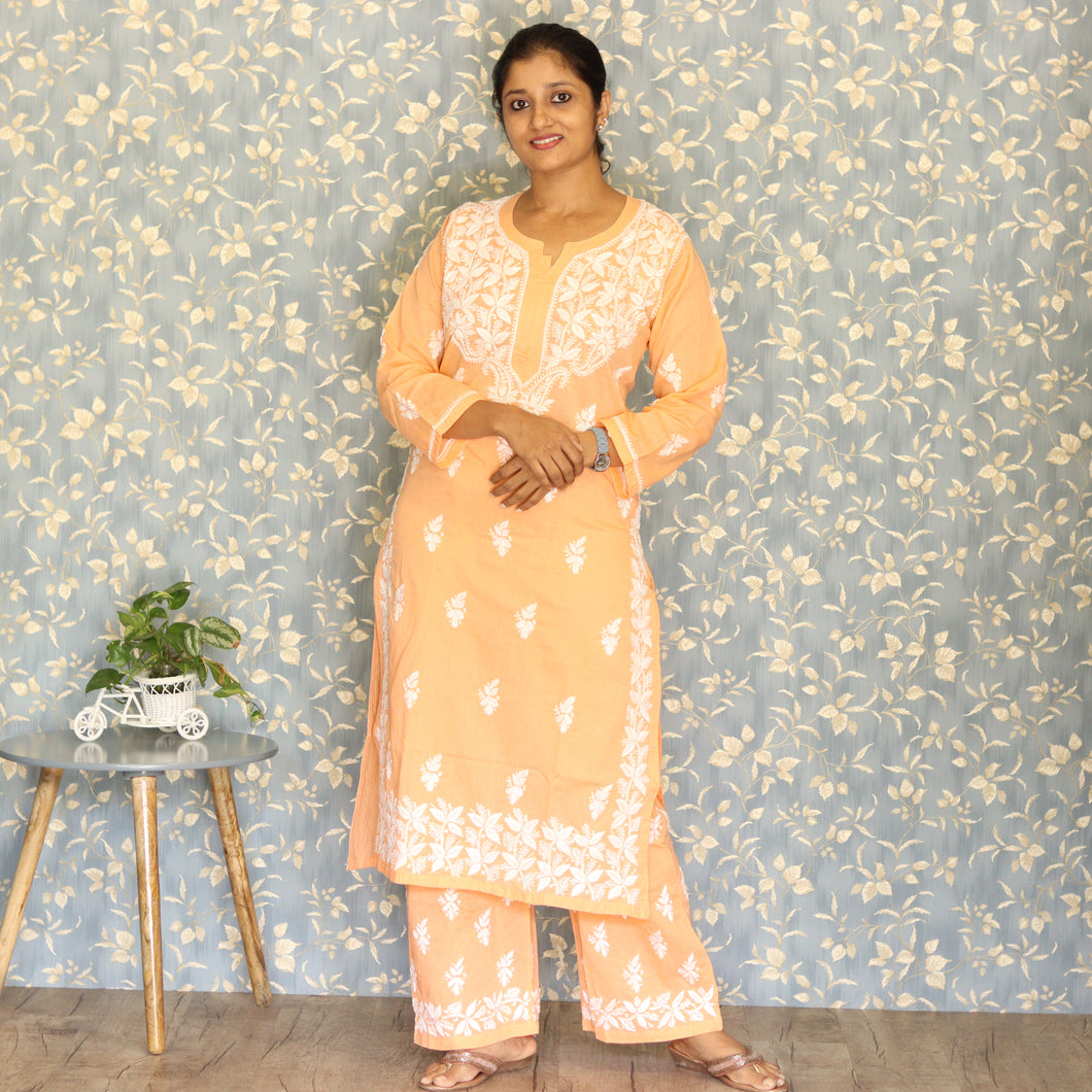 Pure Cotton Peach Chikankari Kurti Set- 3517
