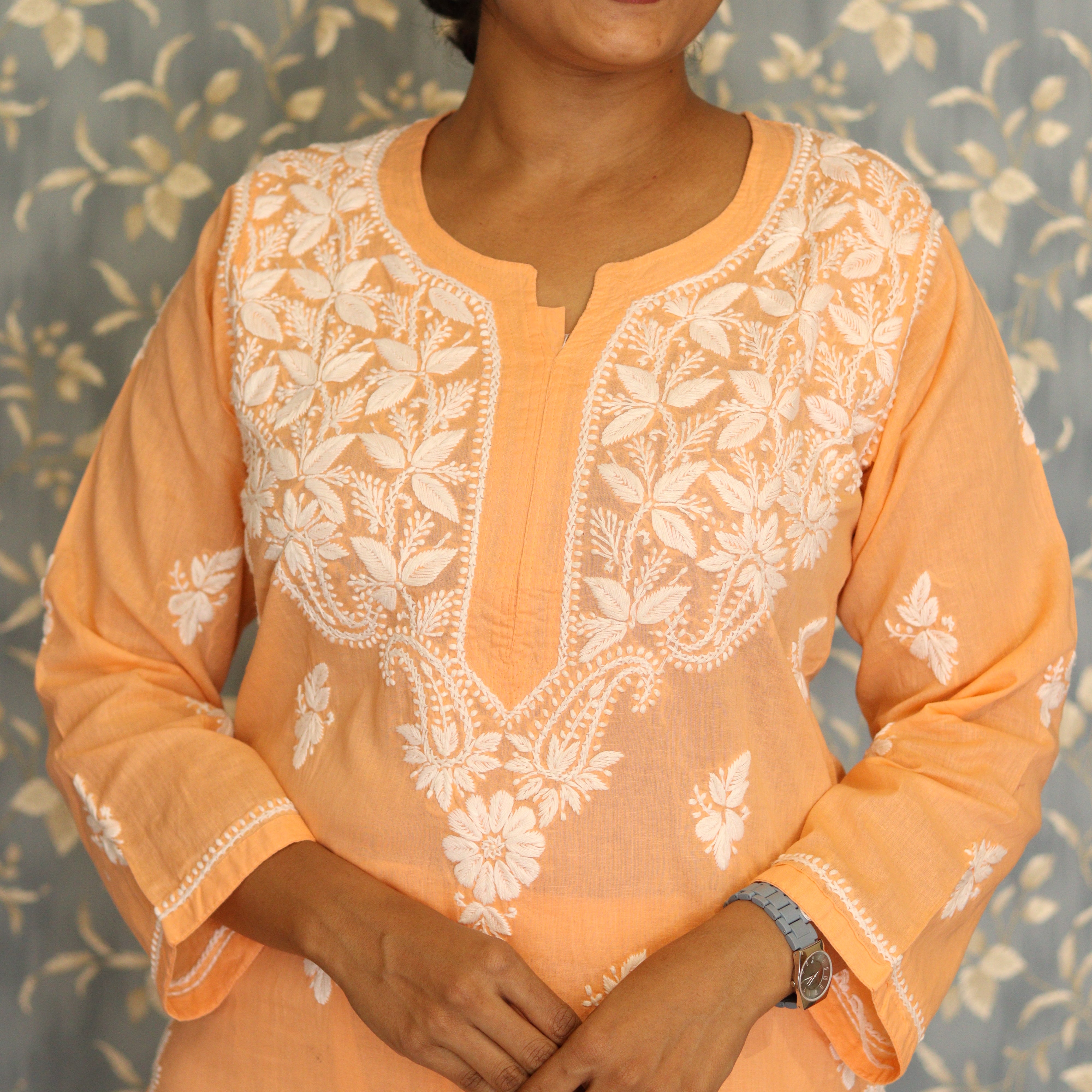 Load image into Gallery viewer, Pure Cotton Peach Chikankari Kurti Set- 3517
