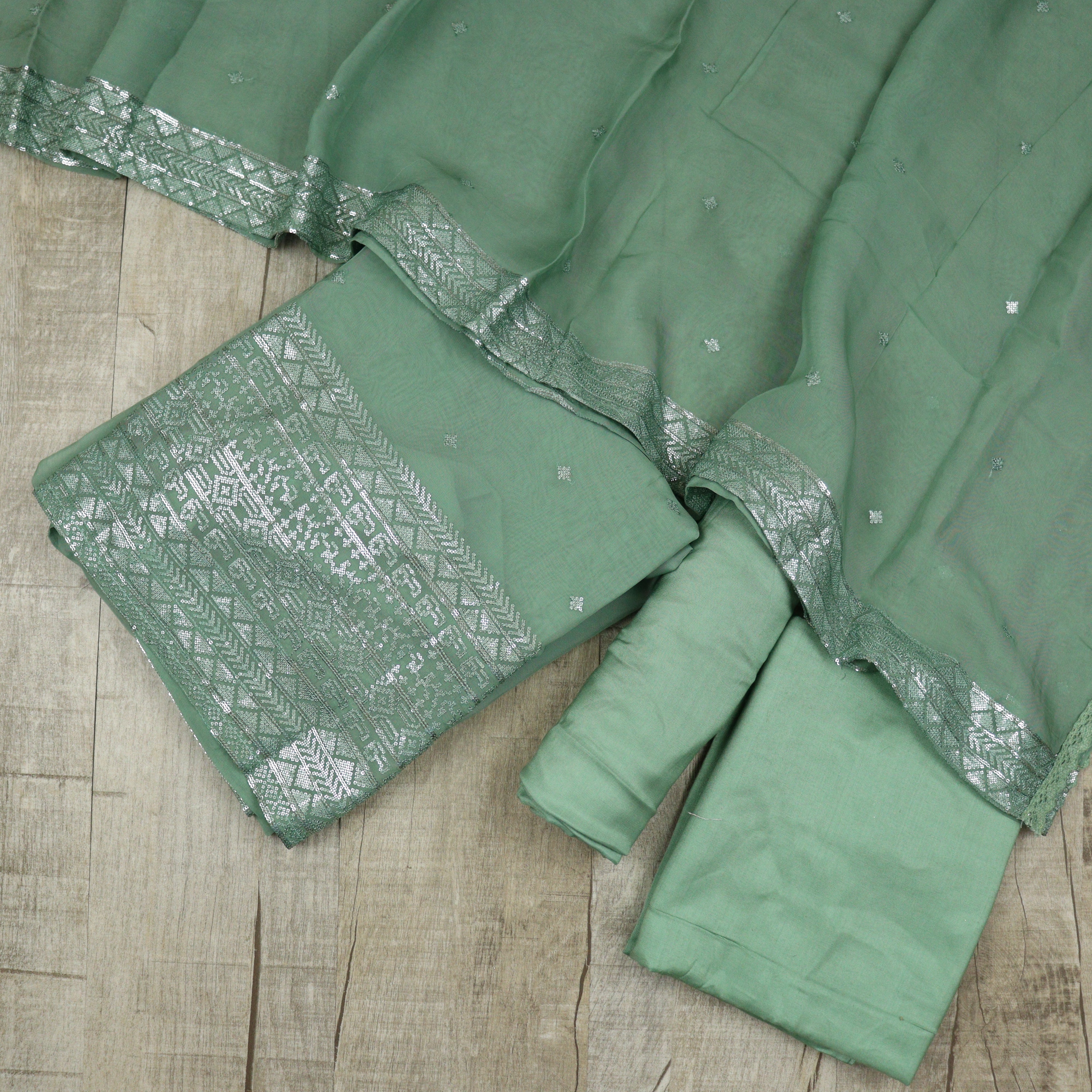 Load image into Gallery viewer, Sage Green pure organza Suit-3501
