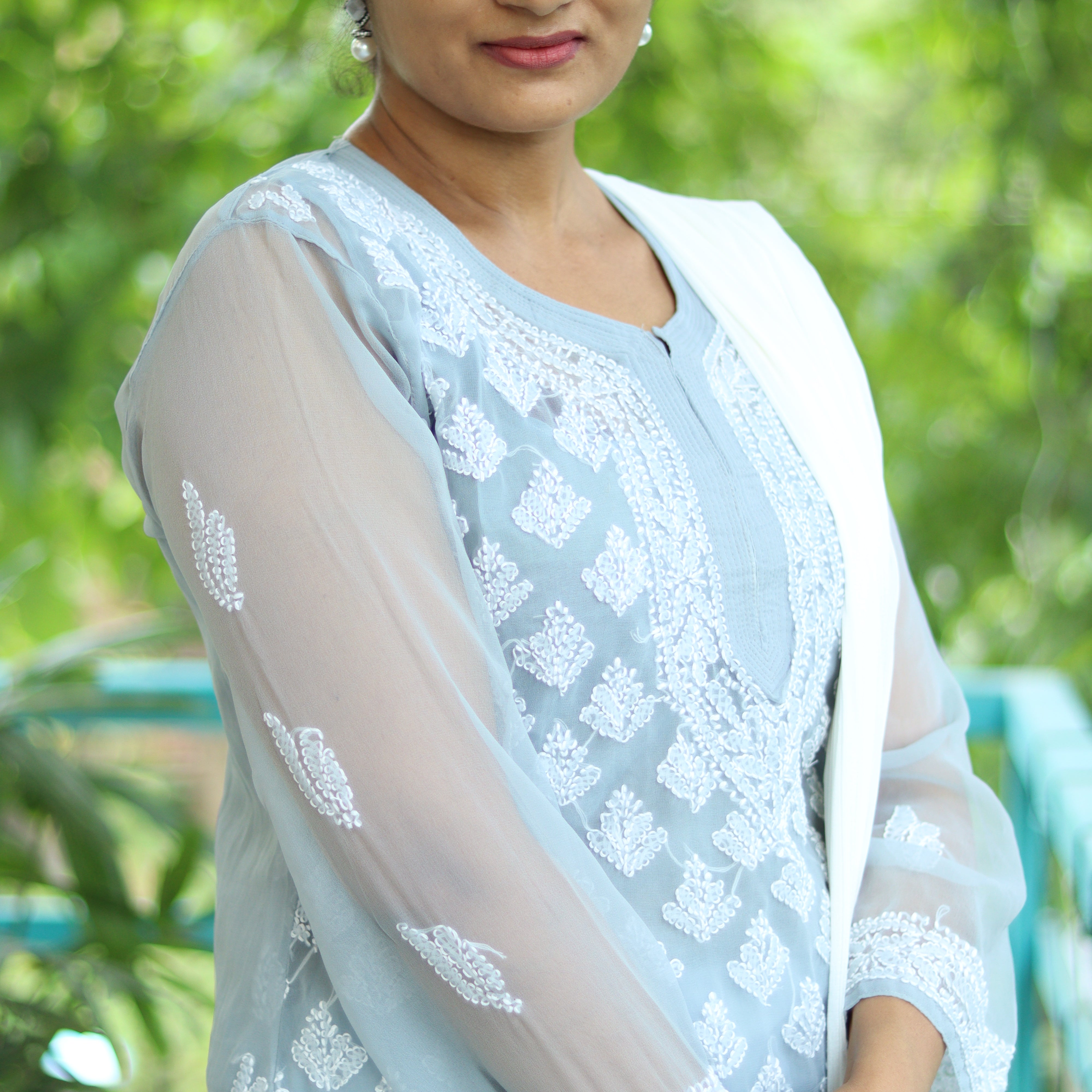 Load image into Gallery viewer, Grey Georgette Chikankari Suit-3519
