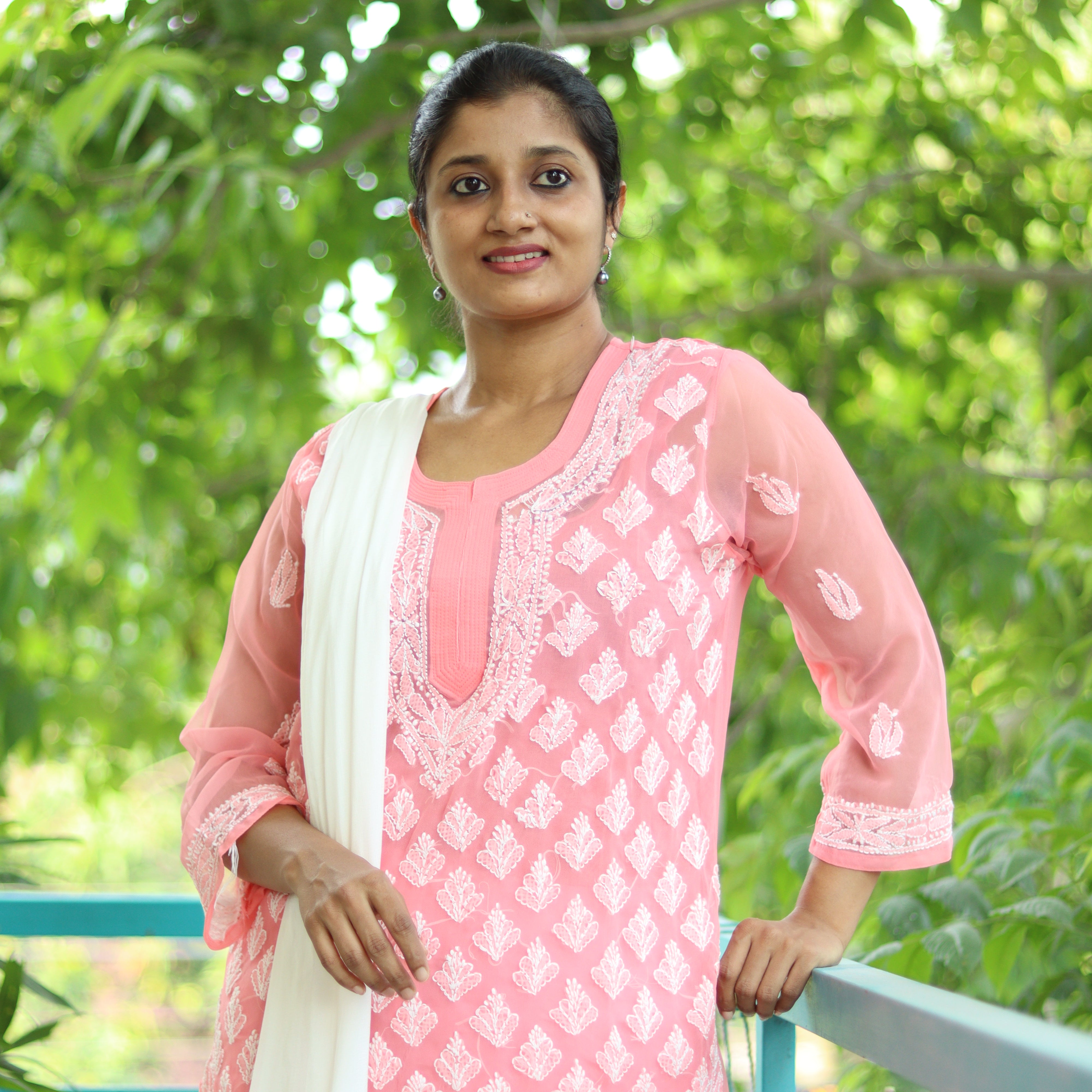 Load image into Gallery viewer, Salmon Pink Georgette Chikankari Suit-3519
