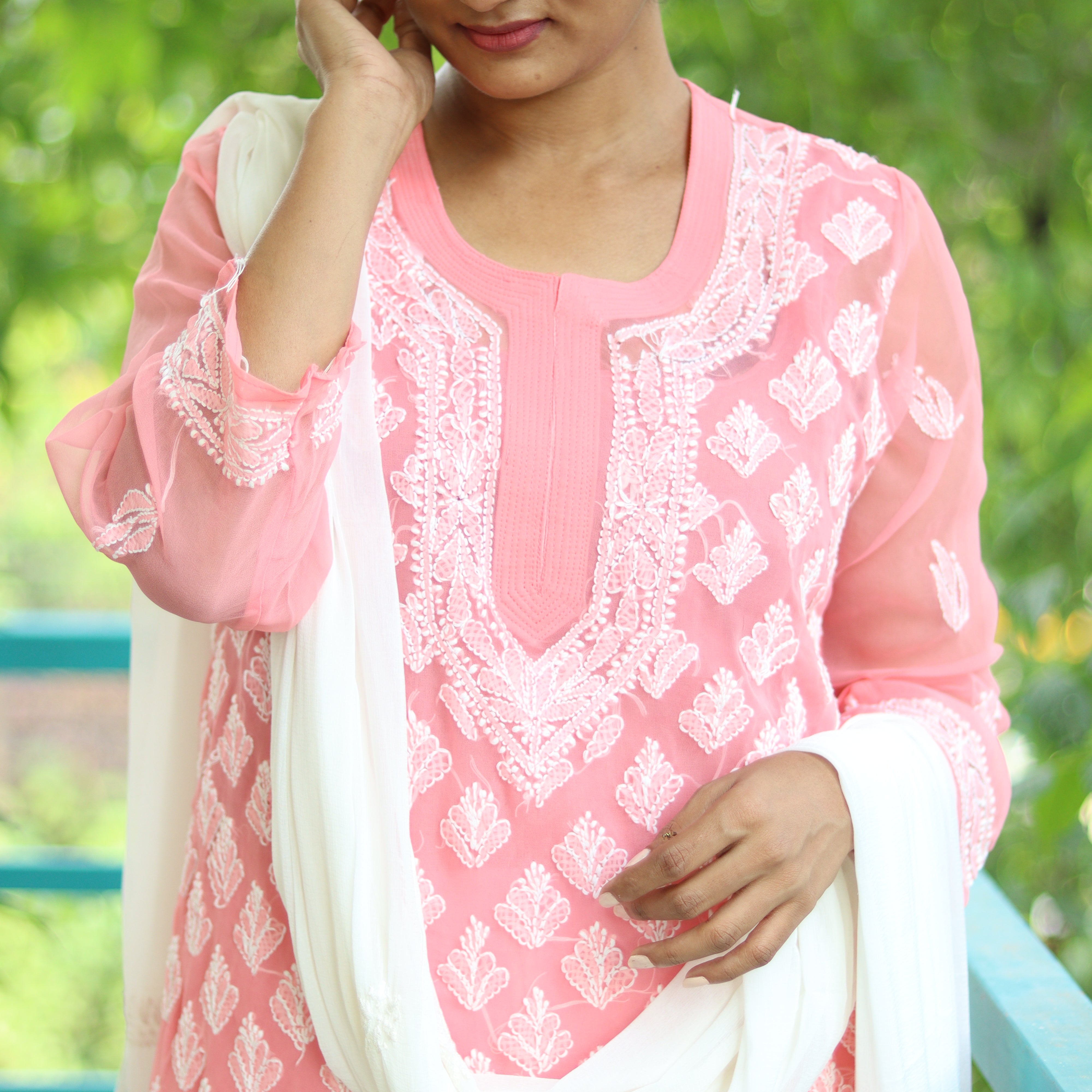 Load image into Gallery viewer, Salmon Pink Georgette Chikankari Suit-3519
