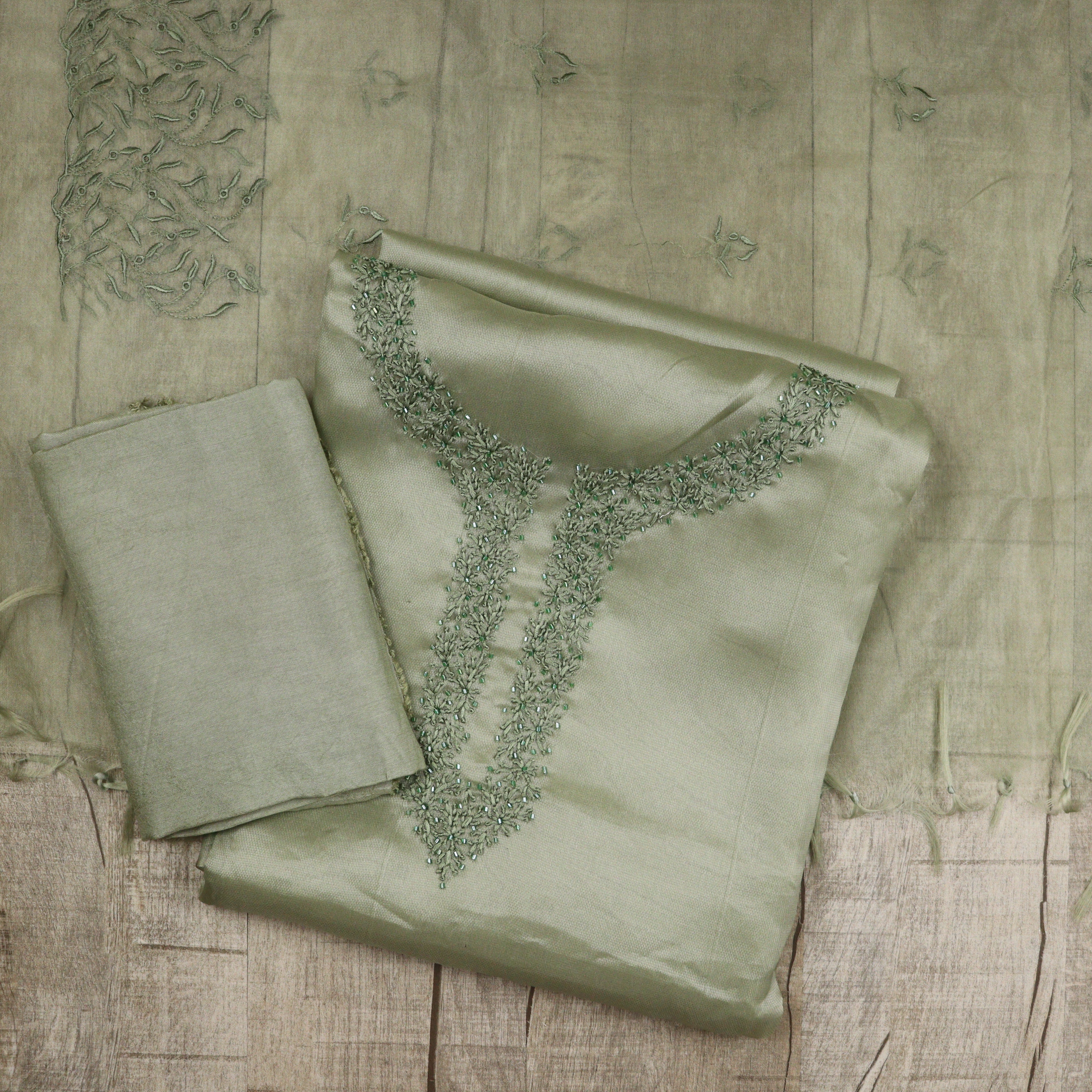Load image into Gallery viewer, Pale olive Crispy Organza Handwork Suit-3490
