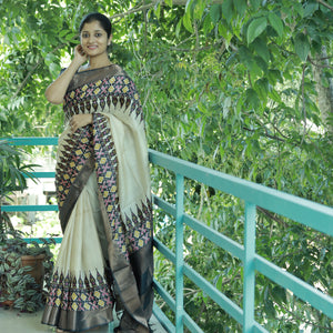 Hand-Block Printed Tussar Silk Saree-3540 Pre-Booking