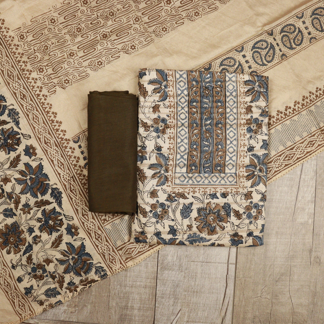 Semi Tussar Silk Block Print Unstitched Suit - 3699