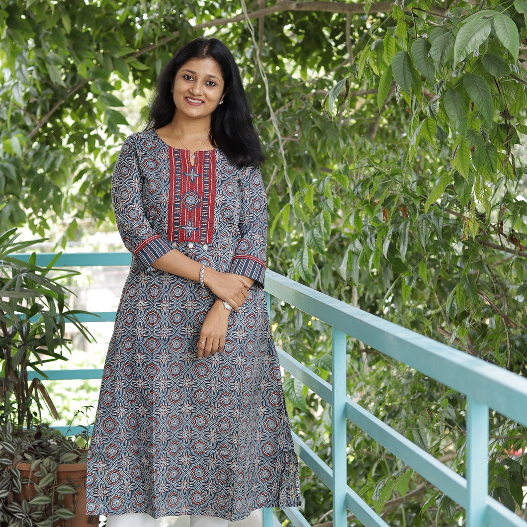 Pure Cotton Ajrakh Printed Kurti - 3824