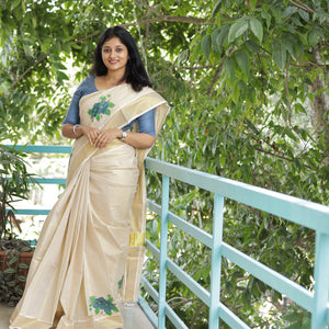 Kerala Tissue Floral Printed Saree - 3767