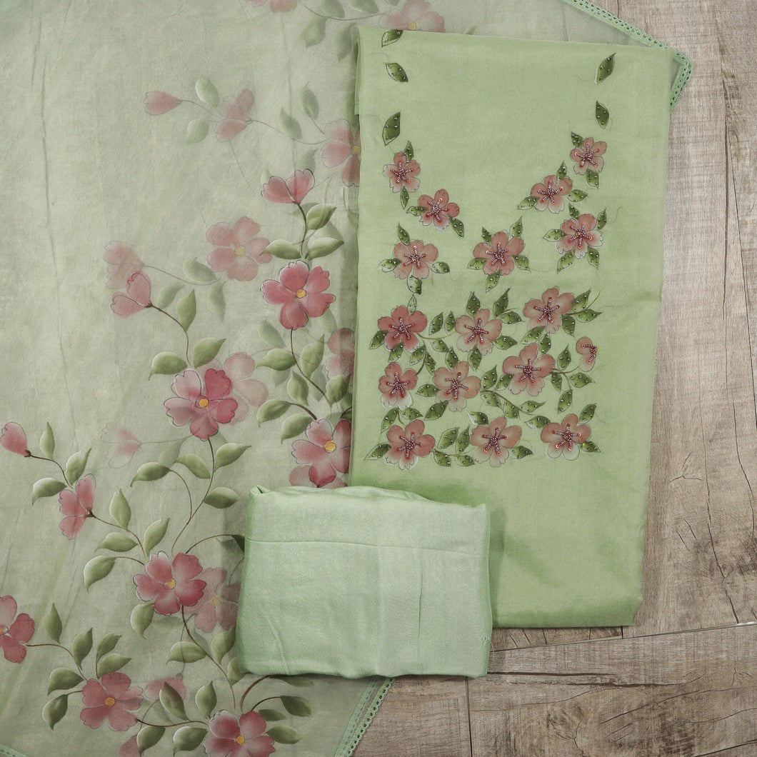 Organza Hand Painted Unstitched Suit - 3831