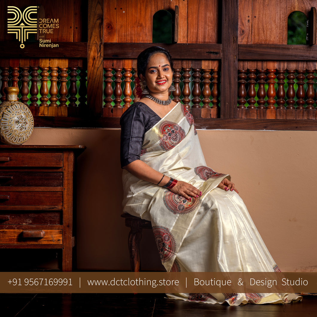 Theyyam Golden Tissue Kerala Saree - 3717
