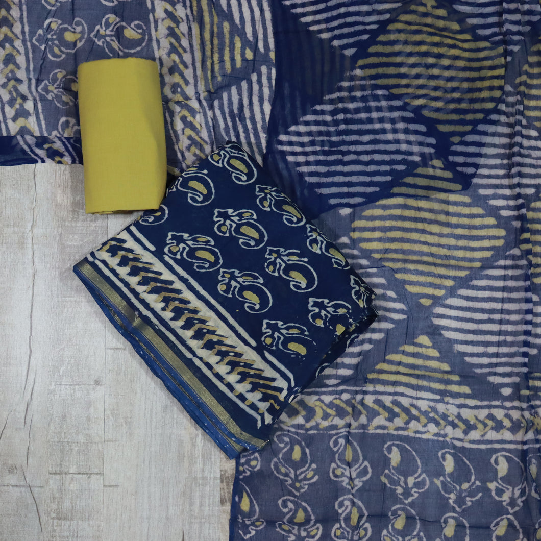 Indigo Blue & Mustard Yellow Maheswari Silk Suit-3364