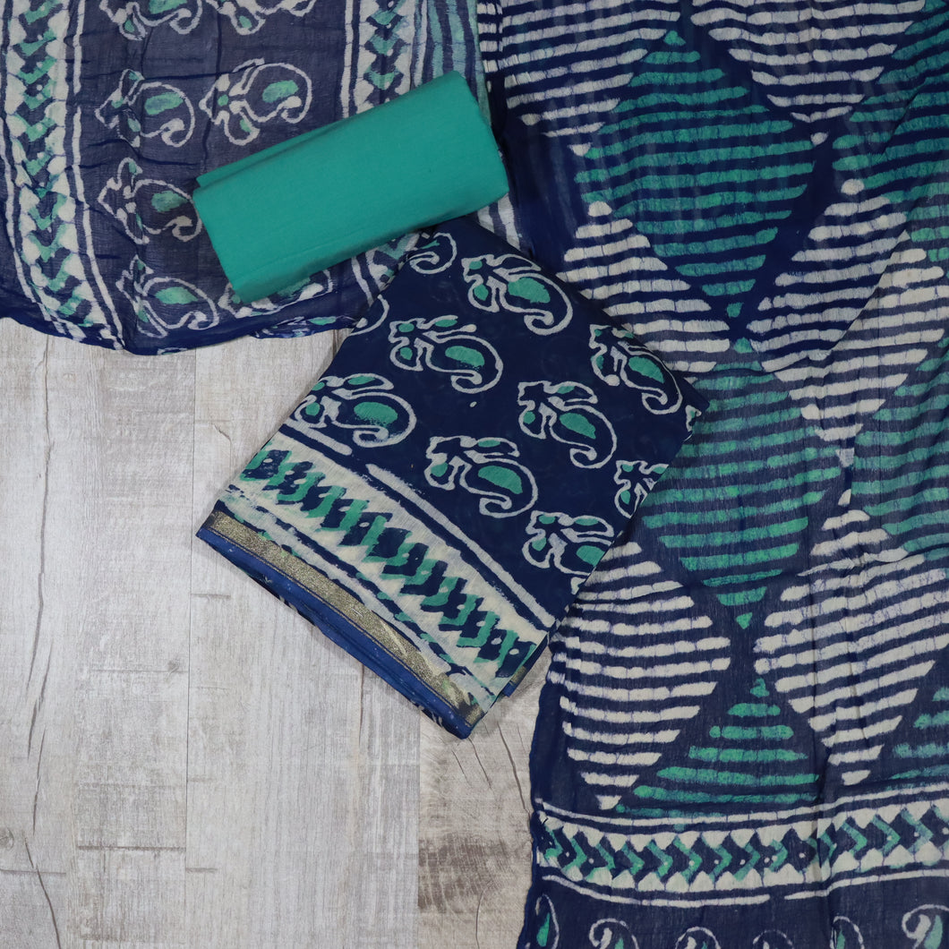 Indigo & Mint Green Maheswari Silk Suit-3364