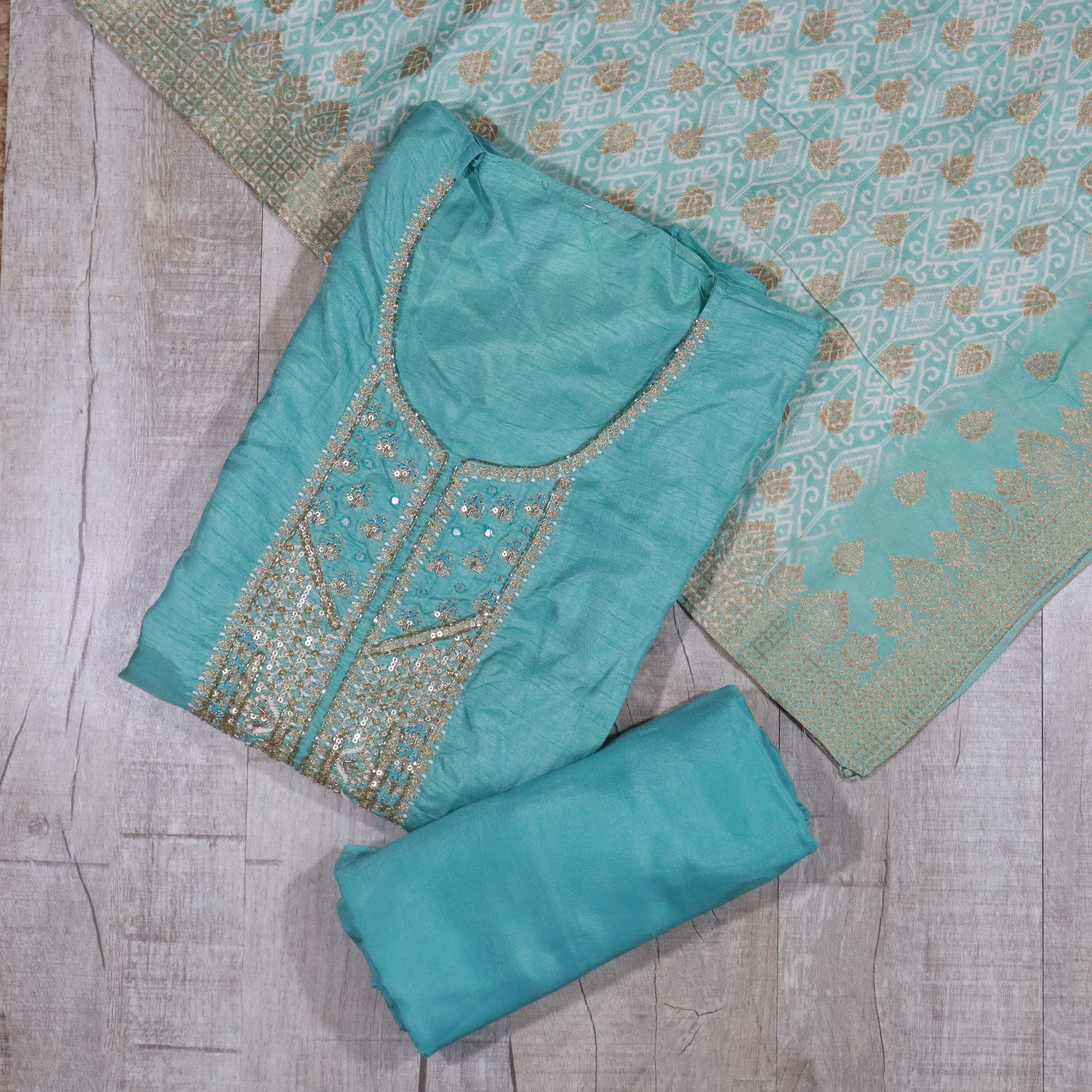Load image into Gallery viewer, Teal Gaji silk Unstitched suit-2007

