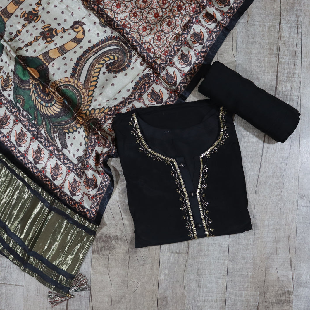 Black Pure muslin Silk Semi stitched Suit