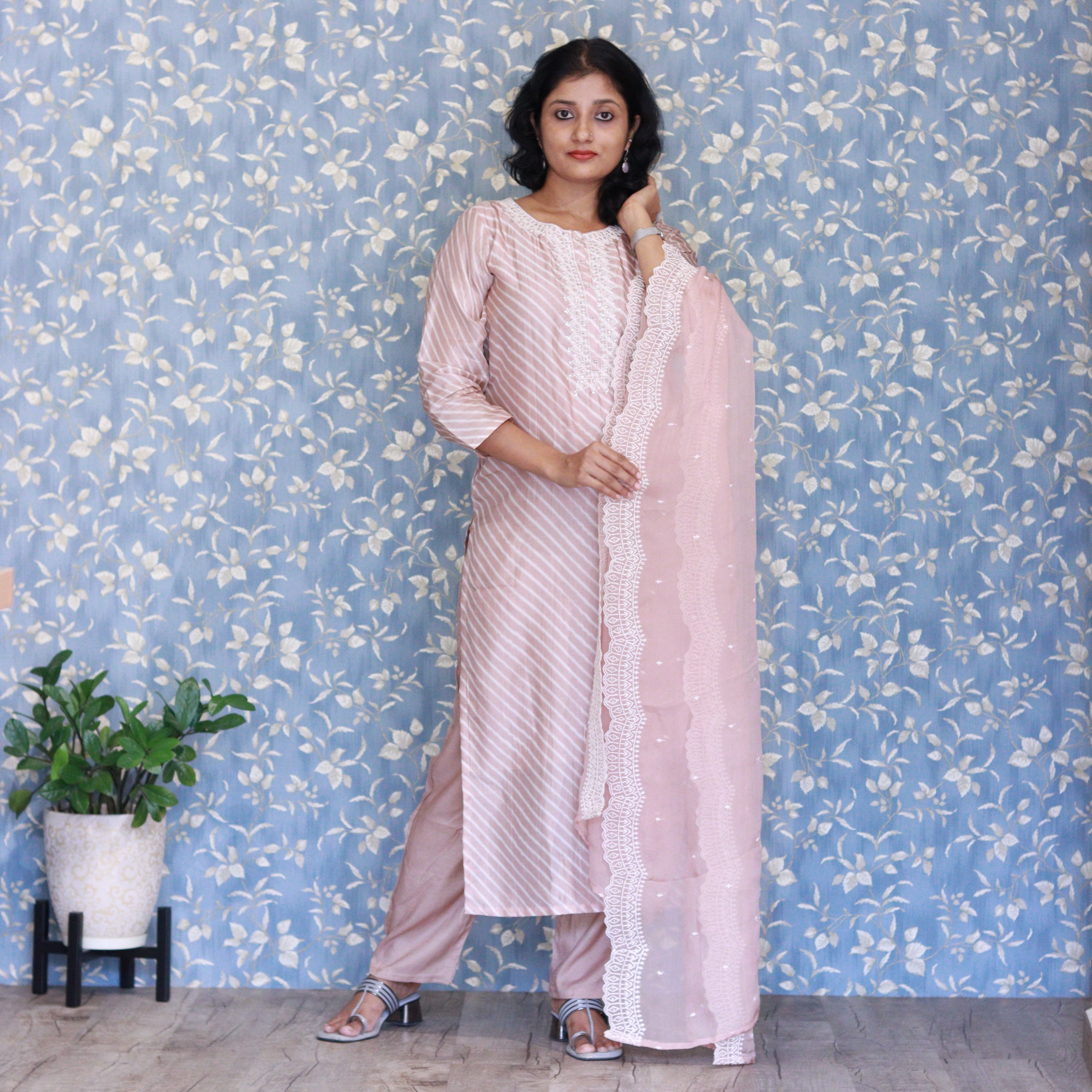 Load image into Gallery viewer, Nude Colour Muslin Silk Stitched Suit-3398

